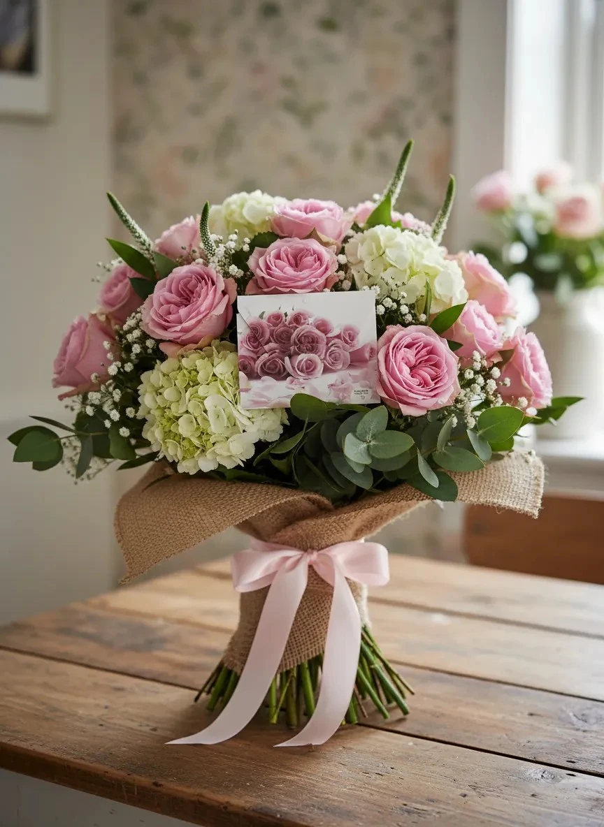 Zarf Şekilli Çiçek Buketi Kartı - Gül Desenli 