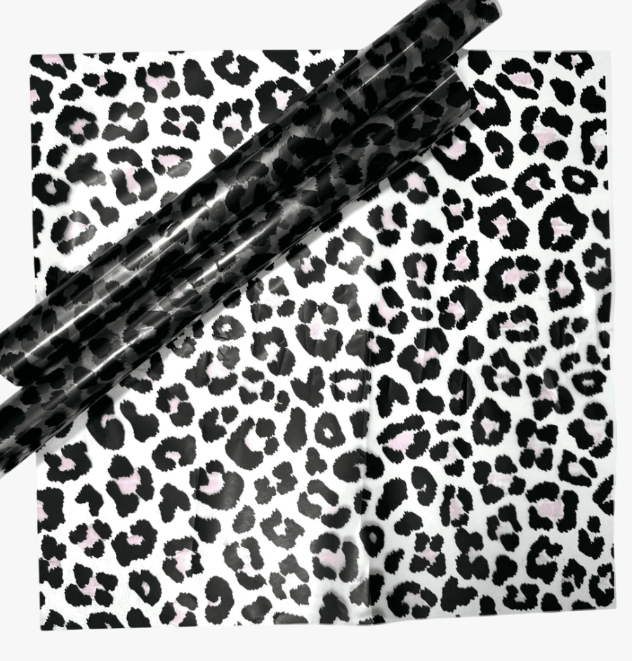 Leopar Desenli-Pembe&Siyah Çiçek Buketi Kağıdı Mat Opp-55x55cm-(1 Paket-20 Sayfa)