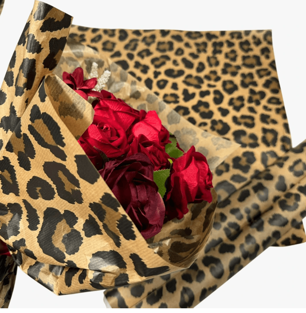 Leopar Desenli Çiçek Buket Kağıdı Virgin Kraft Kağıt-40gr-55x55cm-(1 Paket - 20Sayfa)