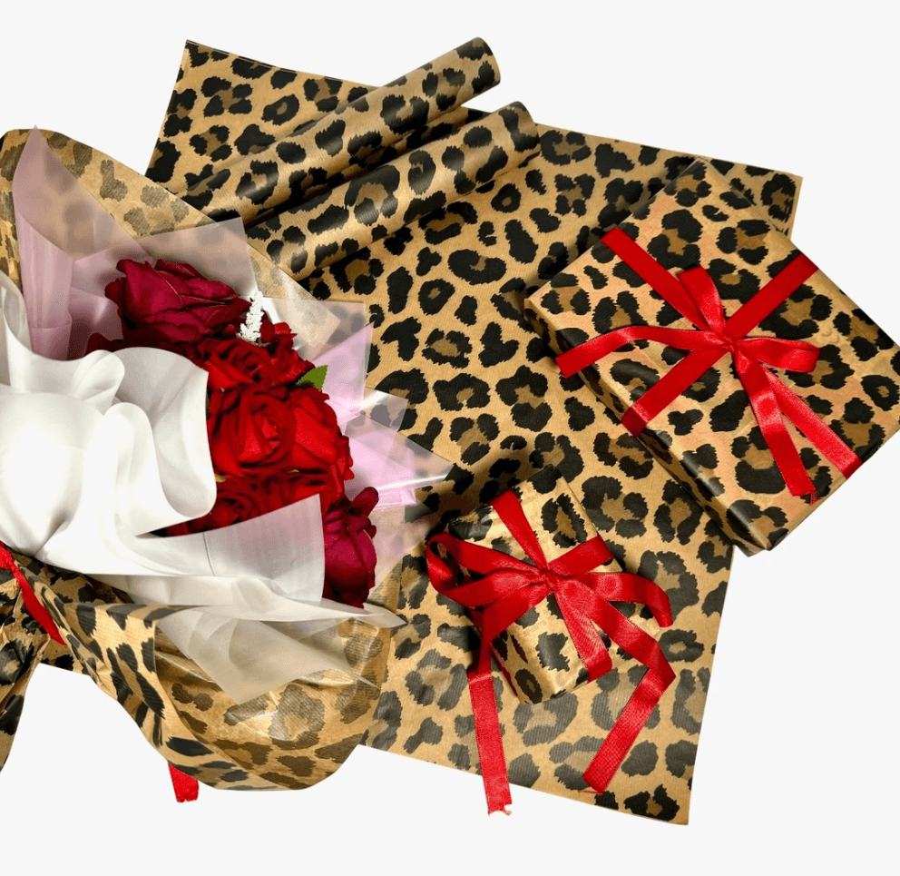 Leopar Desenli Çiçek Buket Kağıdı Virgin Kraft Kağıt-40gr-55x55cm-(1 Paket - 20Sayfa)