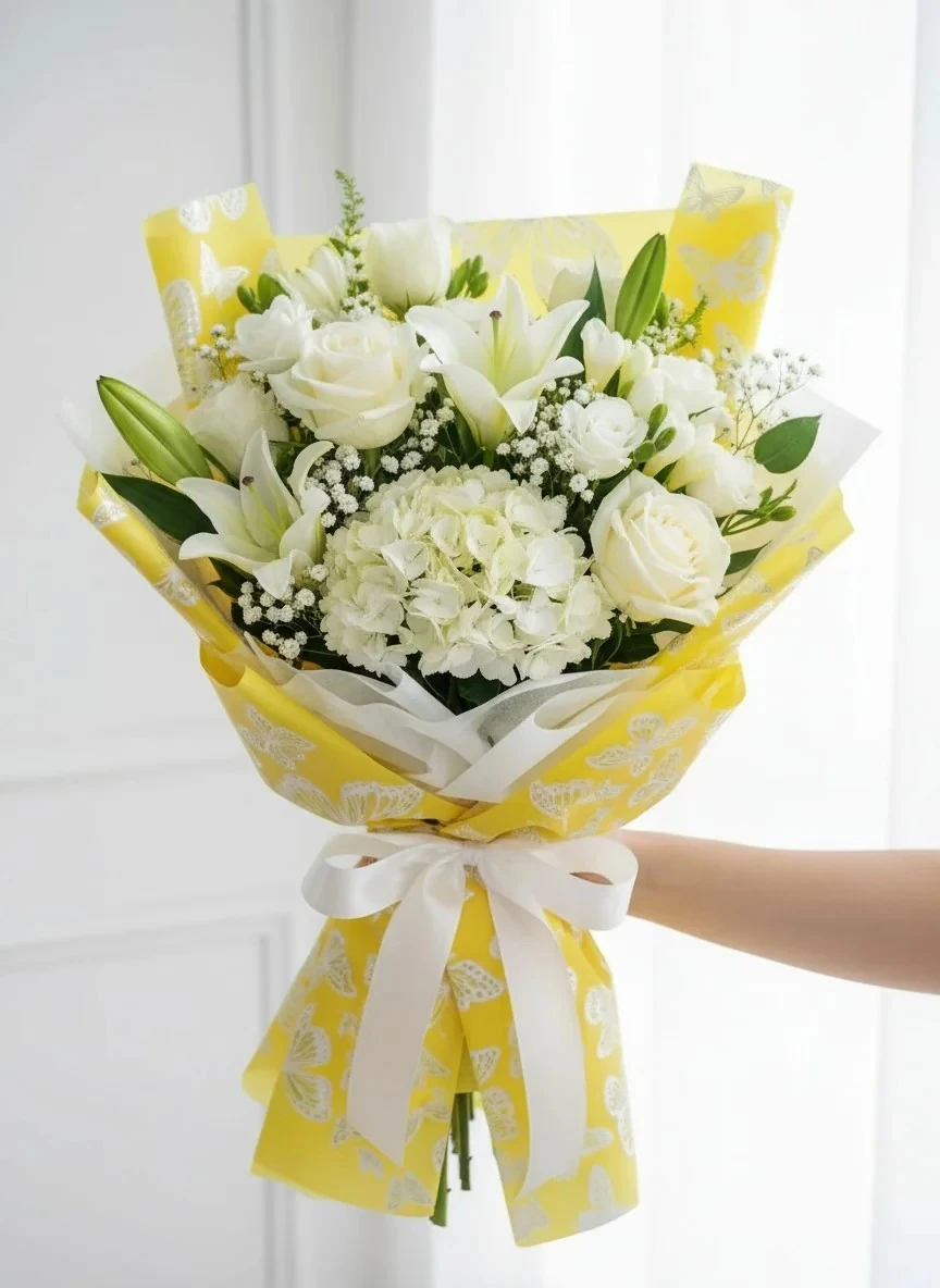 Kelebek Tasarımlı - Sarı Renk - Çiçek Buket Kağıdı - Mat Opp - 55x55cm - 20Sayfa