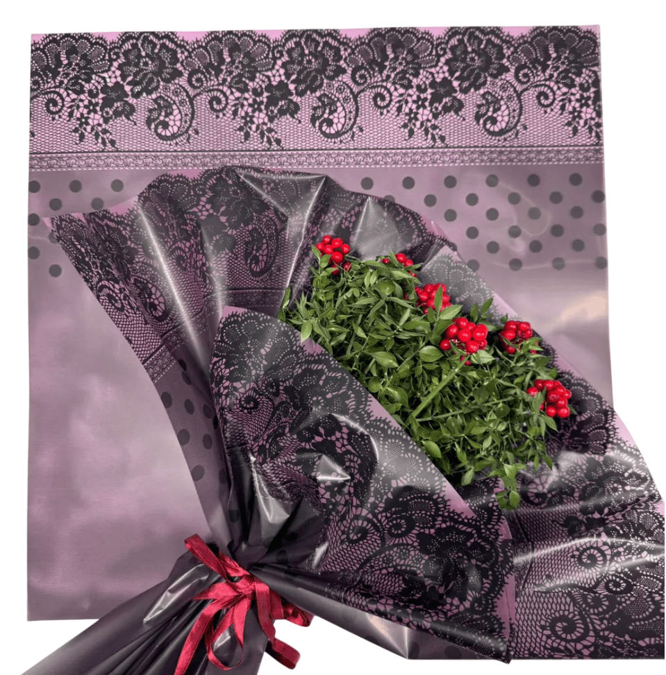 ''Dantel'' Desenli Pembe&Siyah Renkli Çiçek Buket Kağıdı-Mat Opp-55x55cm-(1 Paket-20Sayfa)