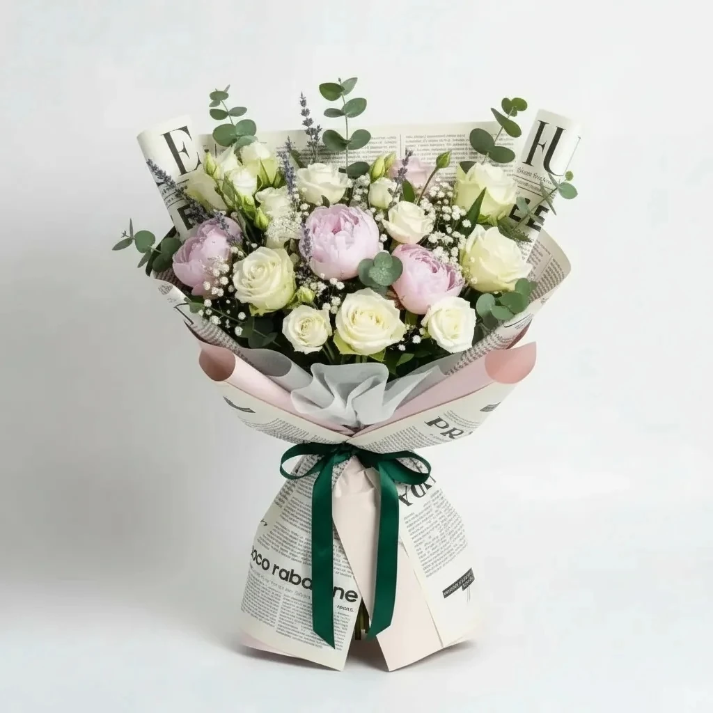 Dünya Markaları Vogue Gazete Tasarımlı Arka Plan Krem Renk Çiçek Buket Kağıdı -Sedef-55x55cm-20Sayfa