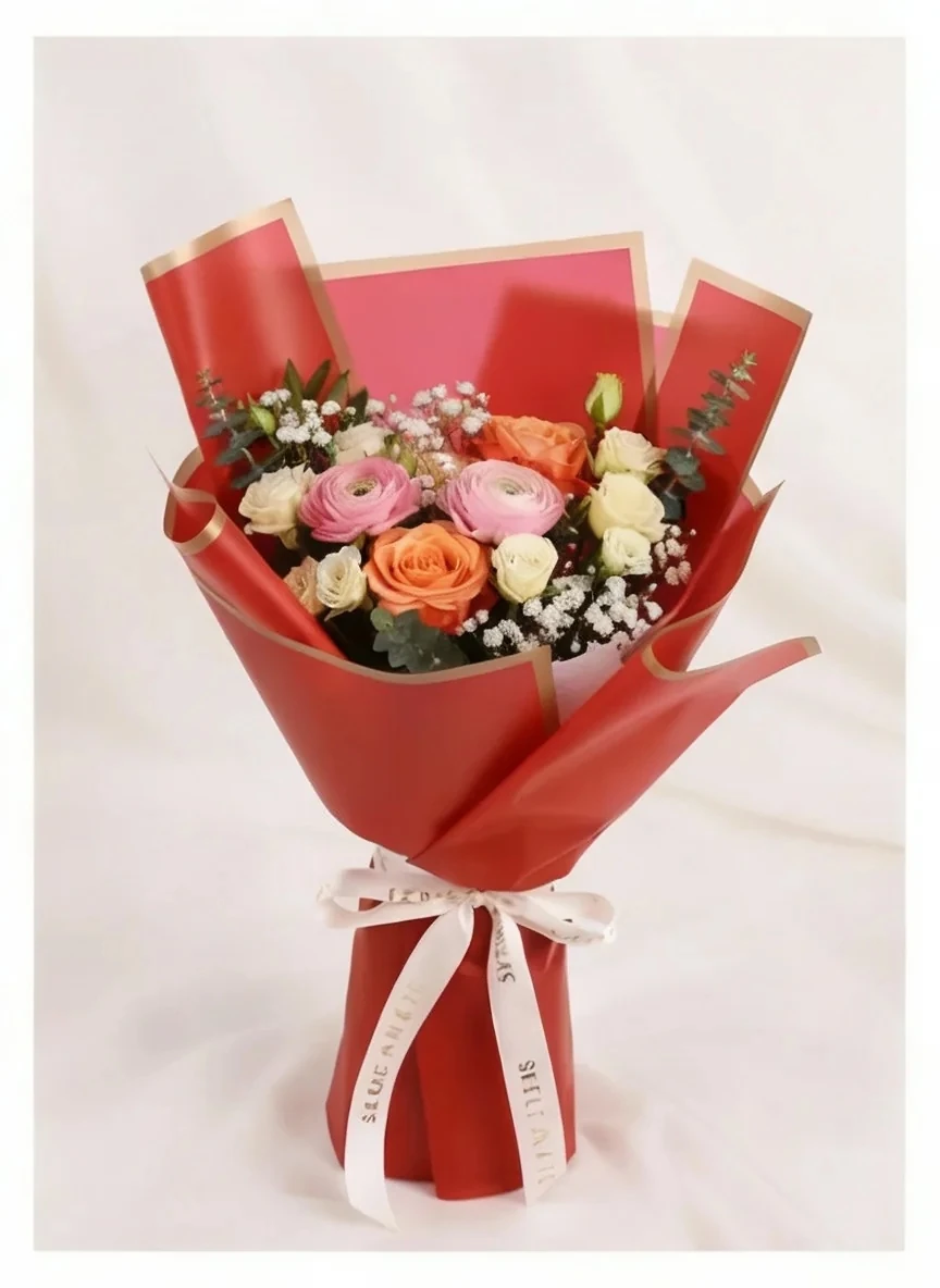 Kırmızı Renk Zemin Gold Çerçeve - Mat Opp Çiçek buket kağıdı. - 55x55cm -  20 Sayfa