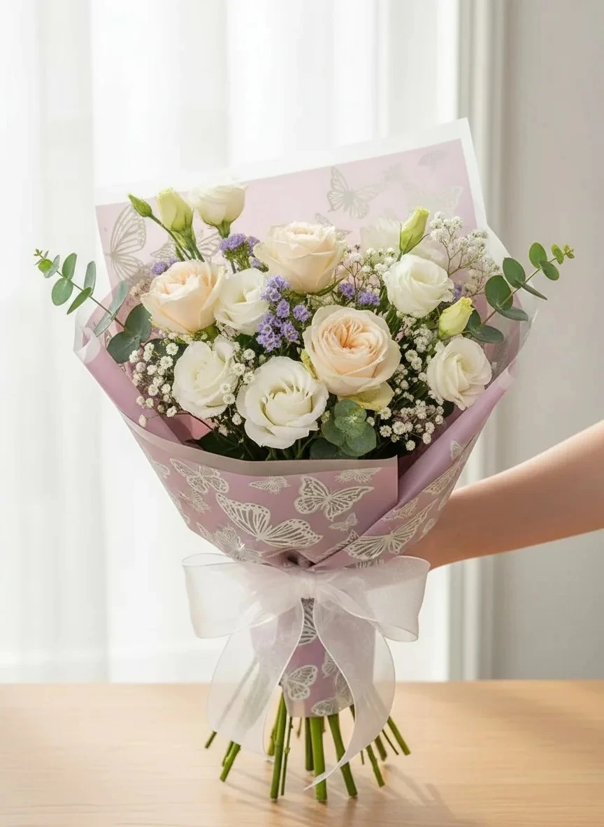 Kelebek Tasarımlı - Pembe Renk - Çiçek Buket Kağıdı - Mat Opp - 55x55cm - 20Sayfa