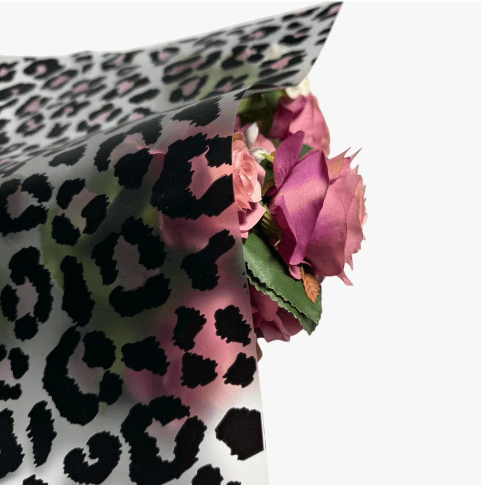 Leopar Desenli-Pembe&Siyah Çiçek Buketi Kağıdı Mat Opp-55x55cm-(1 Paket-20 Sayfa)