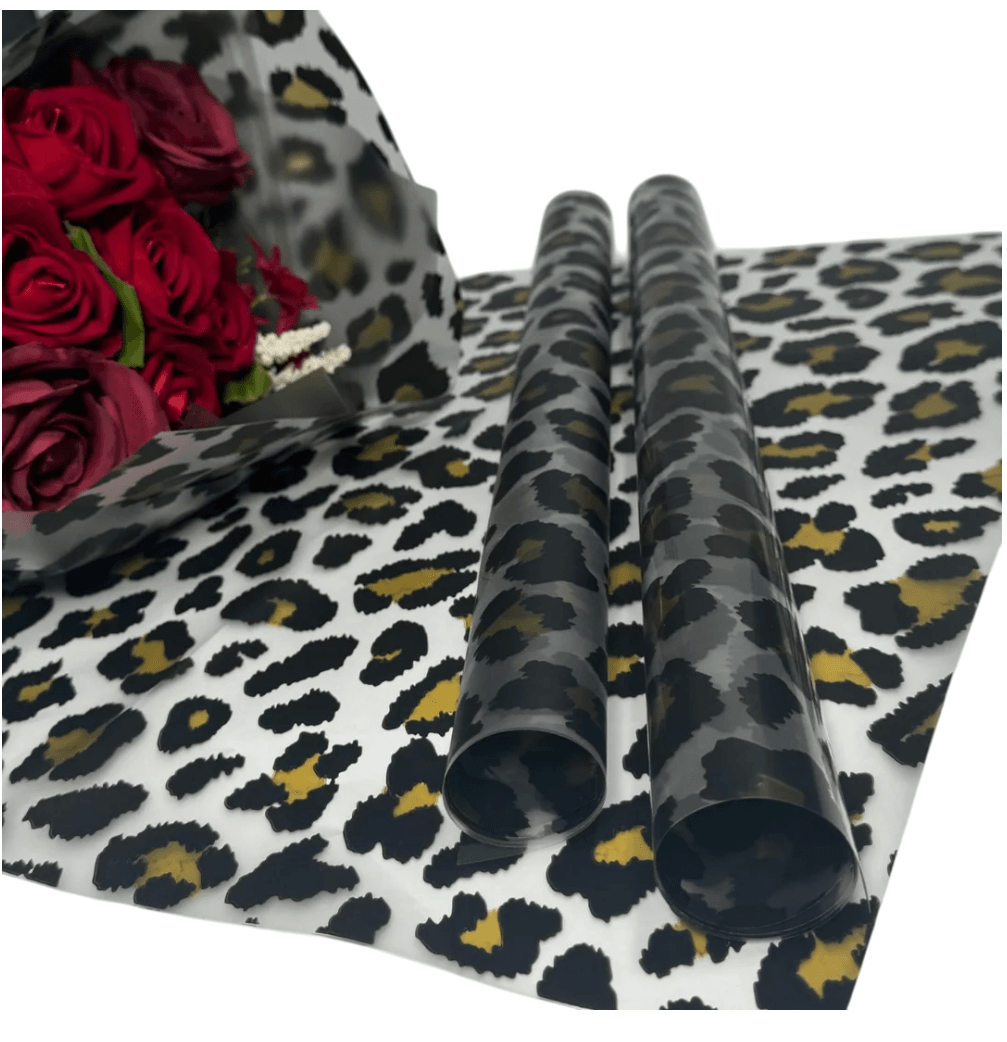 Leopar Desenli-Kahverengi&Siyah Çiçek Buketi Kağıdı Mat Opp-55x55cm-(1 Paket-20 Sayfa)