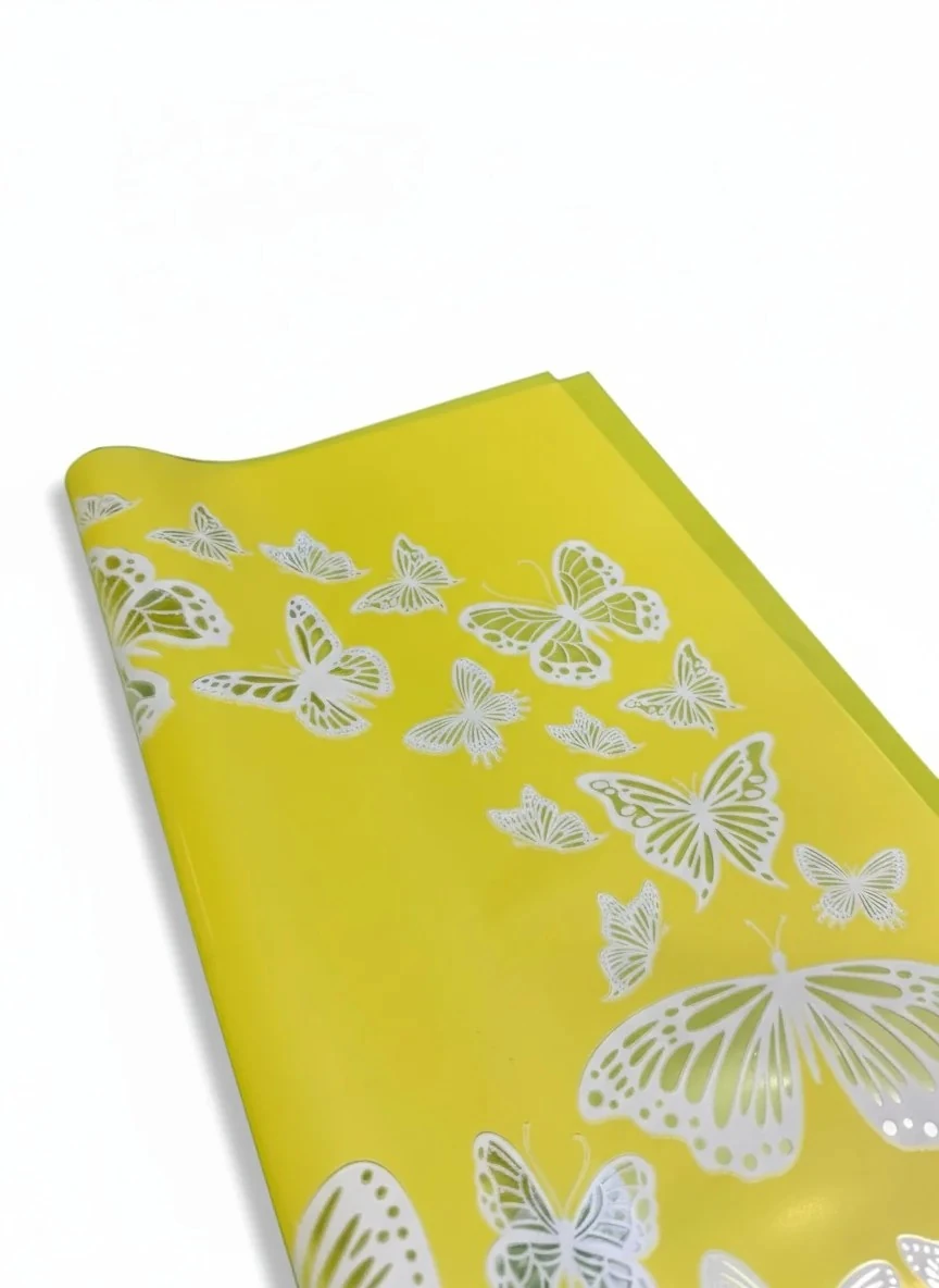 Kelebek Tasarımlı - Sarı Renk - Çiçek Buket Kağıdı - Mat Opp - 55x55cm - 20Sayfa