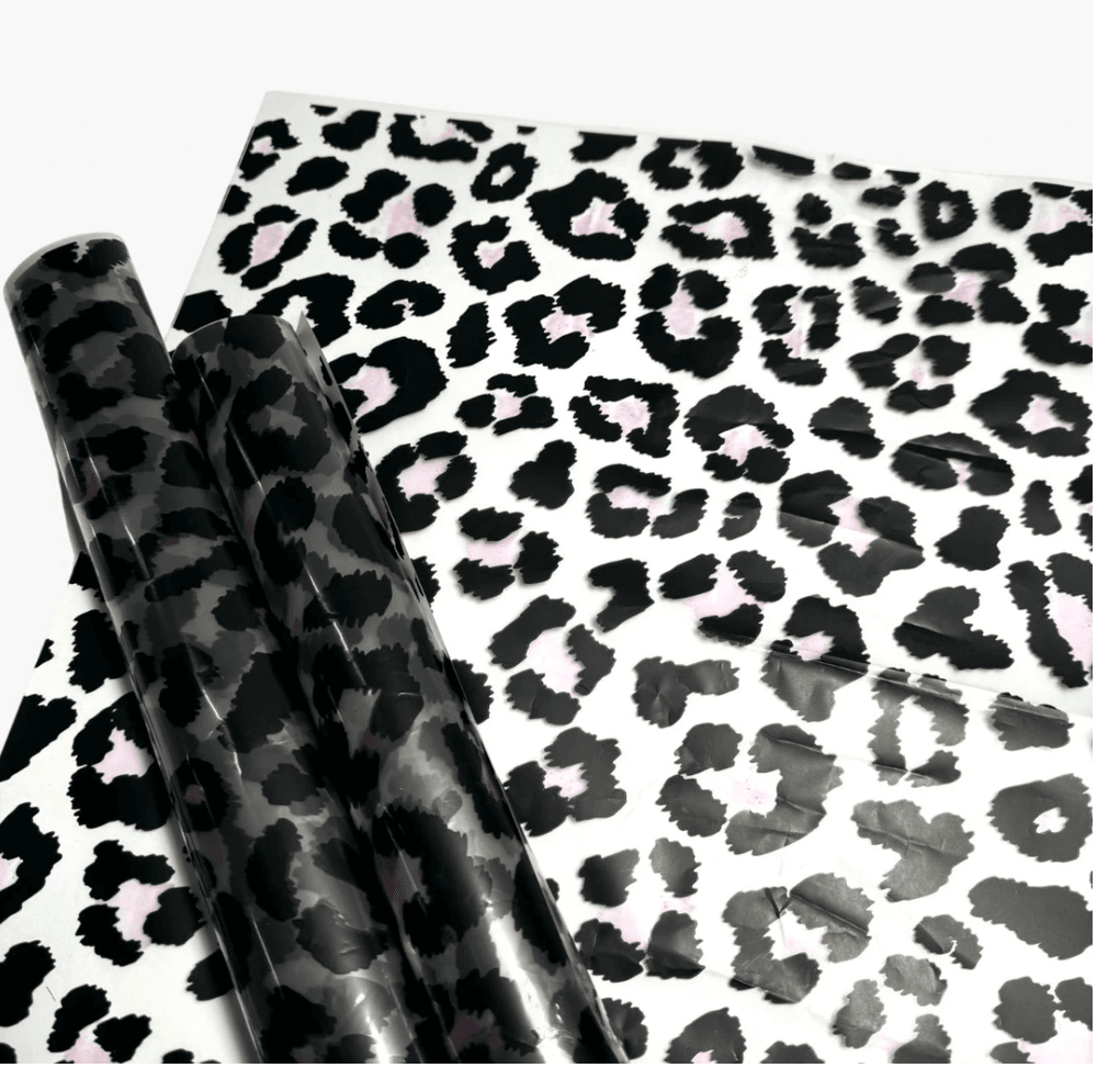 Leopar Desenli-Pembe&Siyah Çiçek Buketi Kağıdı Mat Opp-55x55cm-(1 Paket-20 Sayfa)