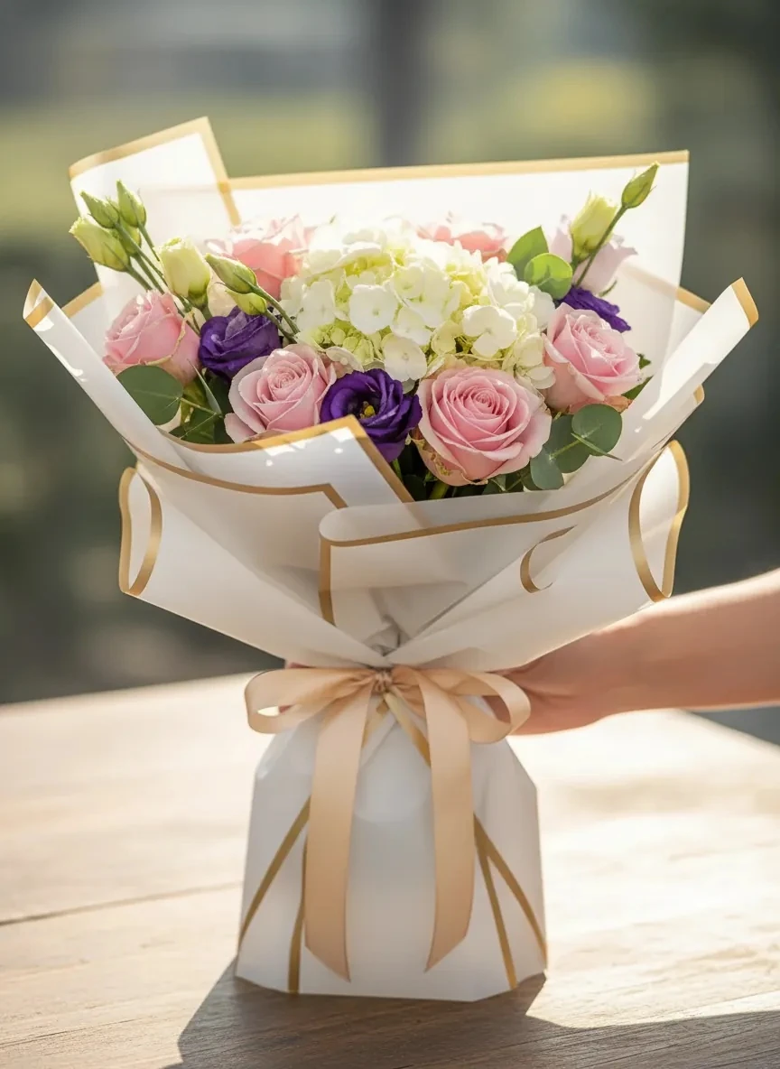 Çiçek Buket Kağıdı Altın Kenar Çerçeveli Beyaz zemin Lüks mat Opp 55x55cm-20 sayfa