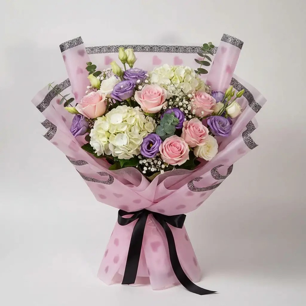 Siyah Dantel Çerçeveli Pembe Kalp Desenli Çiçek Buket Kağıdı-Mat Opp-55x55cm-20 Sayfa
