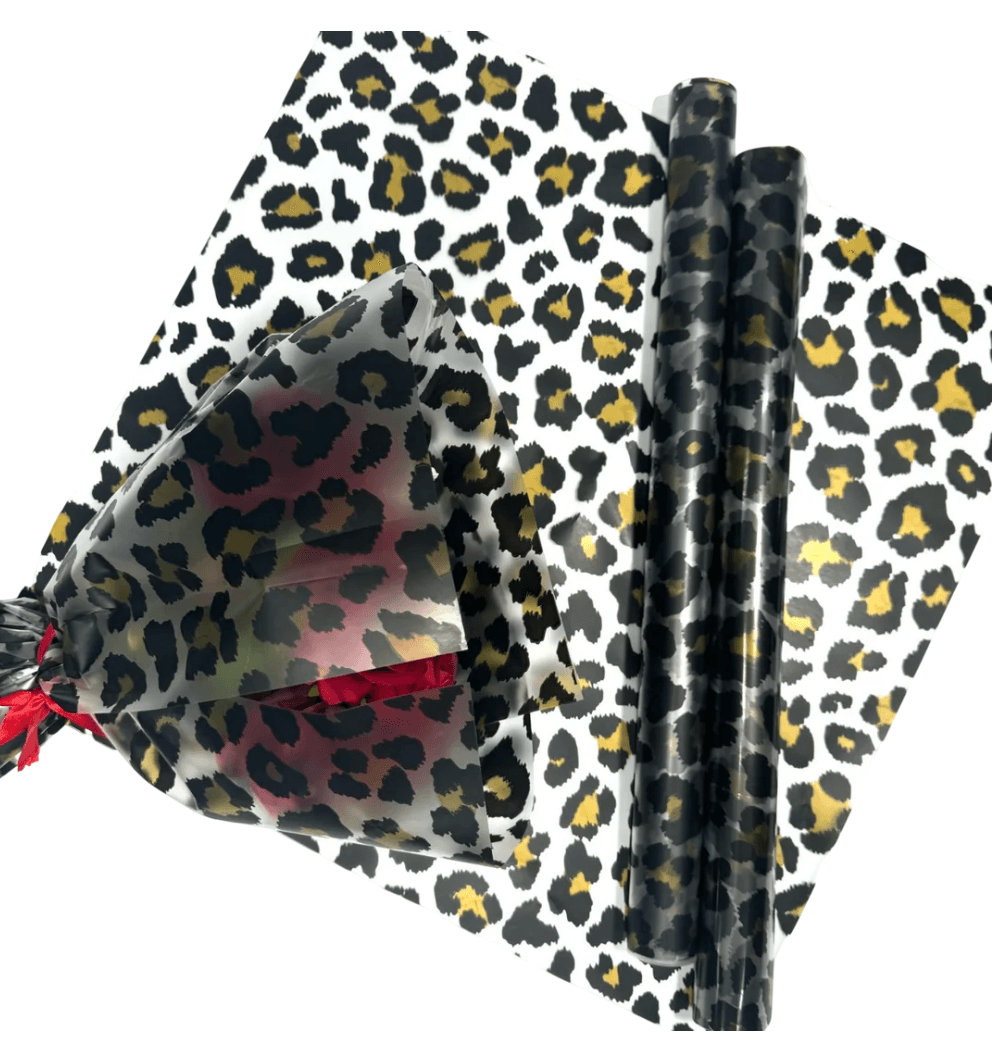 Leopar Desenli-Kahverengi&Siyah Çiçek Buketi Kağıdı Mat Opp-55x55cm-(1 Paket-20 Sayfa)