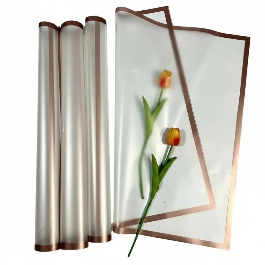 Rose Pembe Kenarlı Çerçeve Şeffaf Zemin Çiçek Buket Kağıdı Lüks Mat Opp 55x55cm-20sayfa