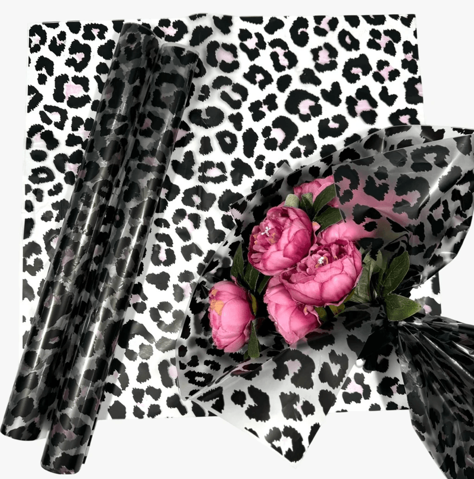 Leopar Desenli-Pembe&Siyah Çiçek Buketi Kağıdı Mat Opp-55x55cm-(1 Paket-20 Sayfa)