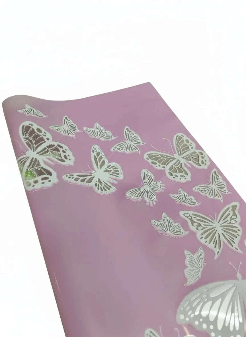 Kelebek Tasarımlı - Pembe Renk - Çiçek Buket Kağıdı - Mat Opp - 55x55cm - 20Sayfa