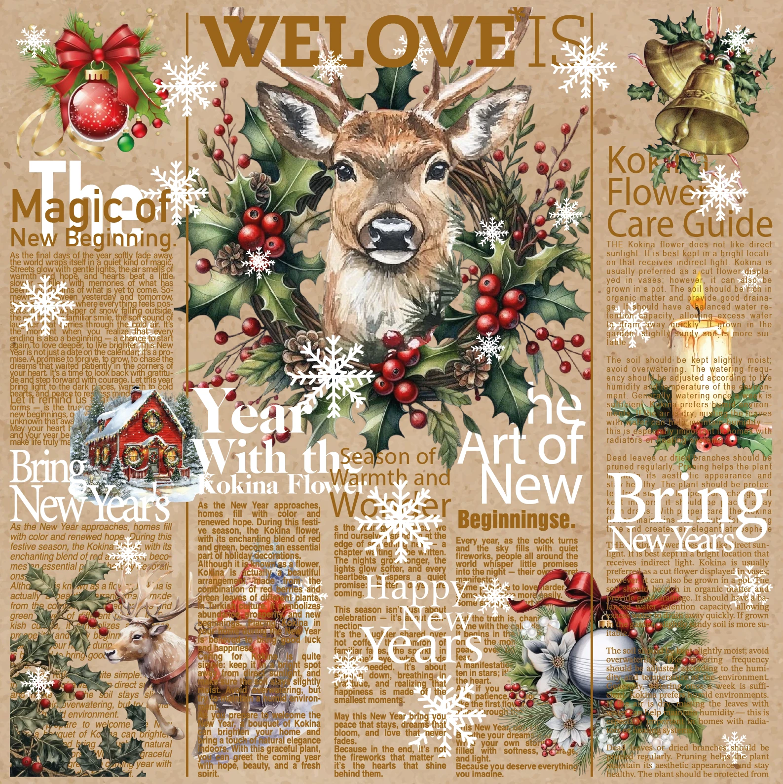 Geyikli Tasarımlı Yılbaşı Çiçek Buket Kağıdı - 55x55cm - 20 Sayfa