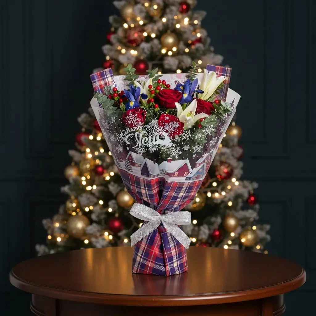 Yılbaşına Özel Ekose Desenli Çiçek Buket Kağıdı 55x55cm-10Sayfa