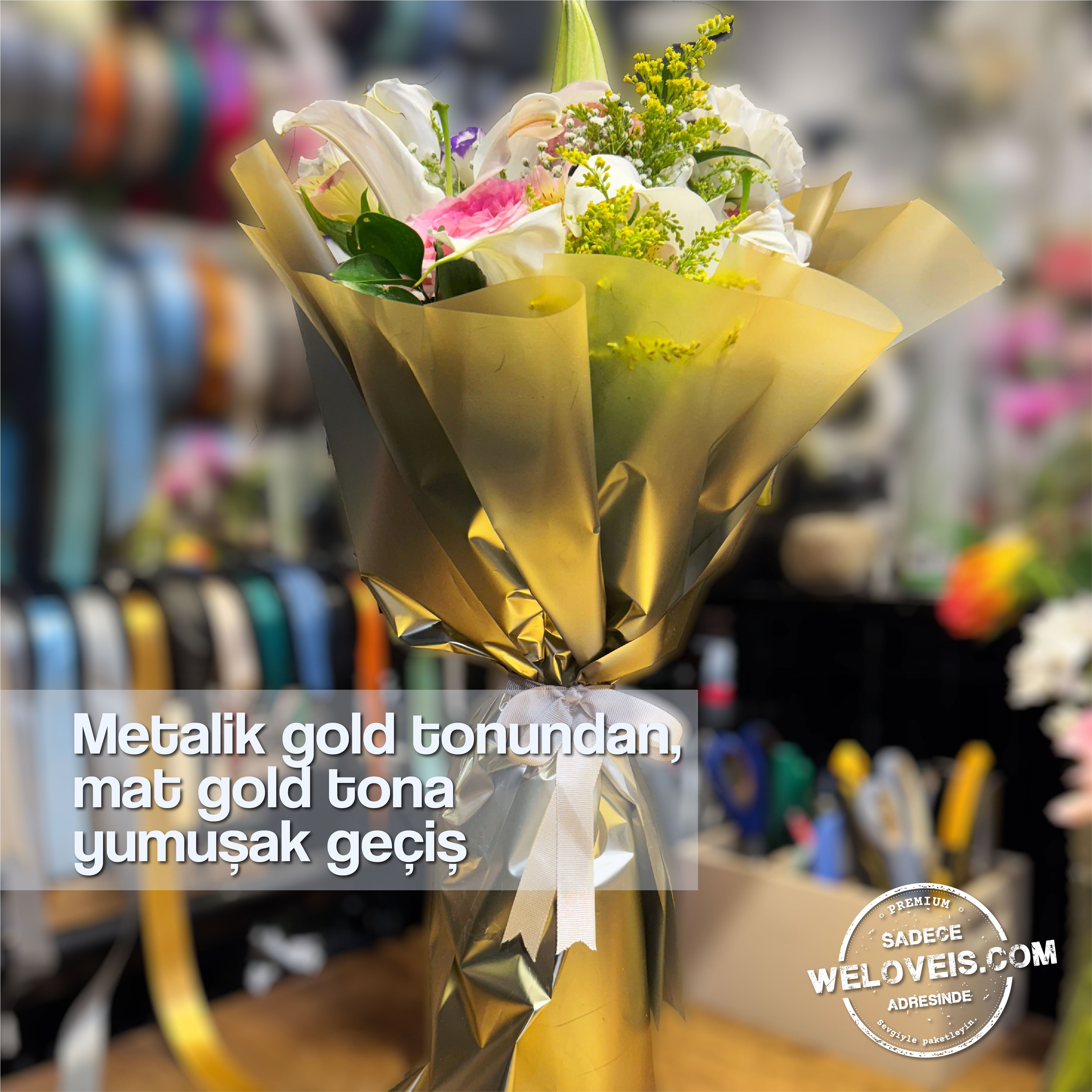 Metalik Degrade Mat Gold Çiçek Buket Kağıdı-60x60cm-20 Sayfa