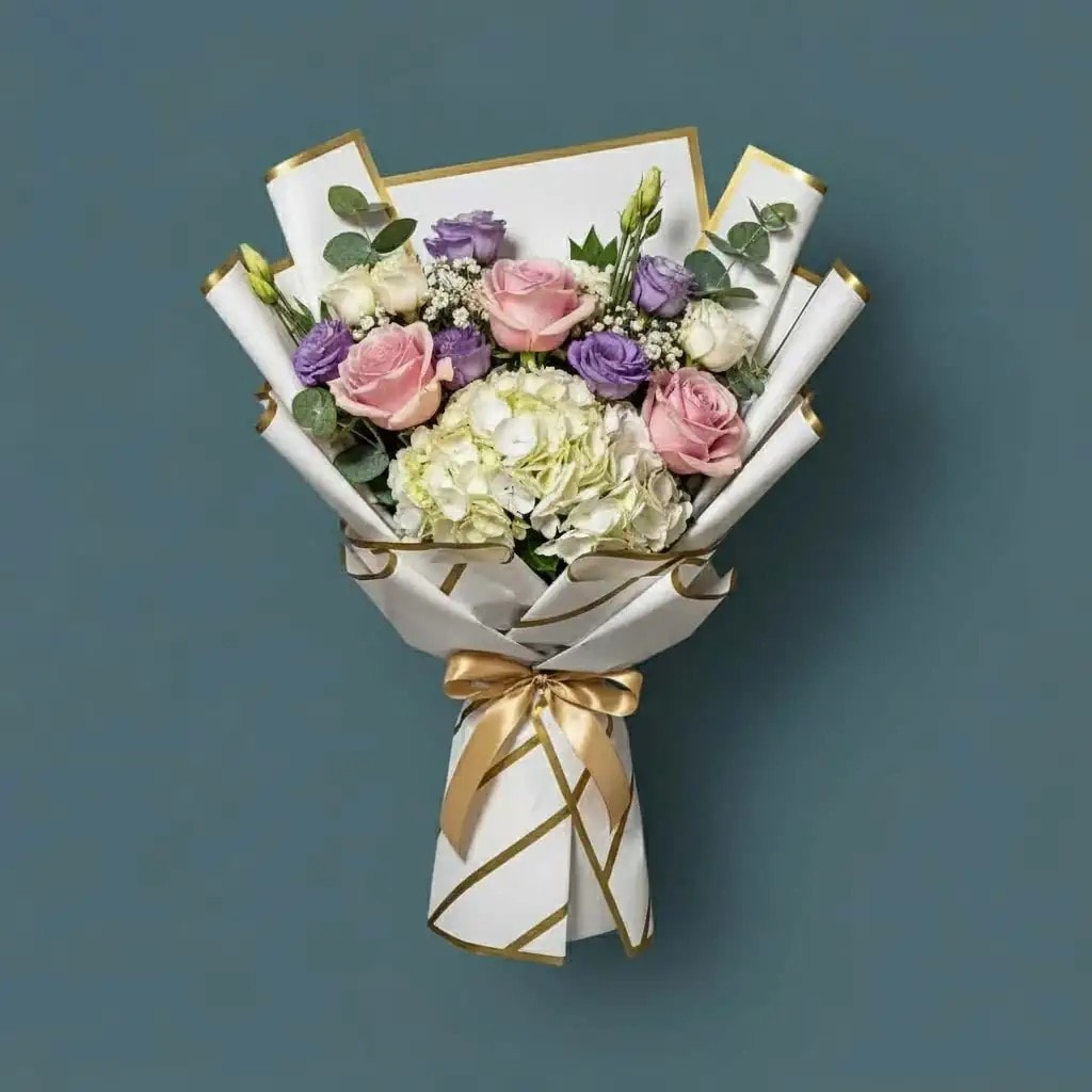 Çiçek Buket Kağıdı Altın Kenar Çerçeveli Beyaz zemin Lüks mat Opp 55x55cm-20 sayfa
