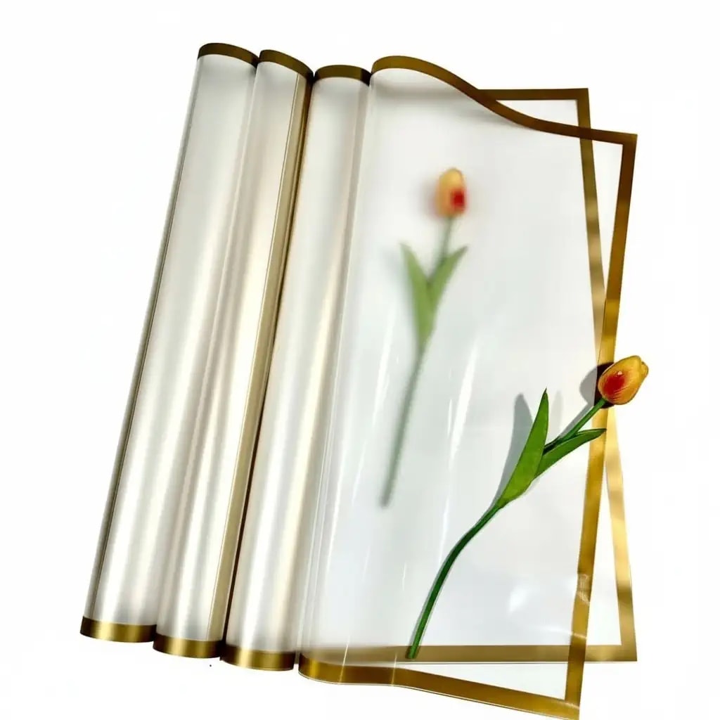 Altın Kenarlı Çerçeve Şeffaf Zemin Çiçek Buket Kağıdı Mat Opp 55x55 cm-20 Sayfa
