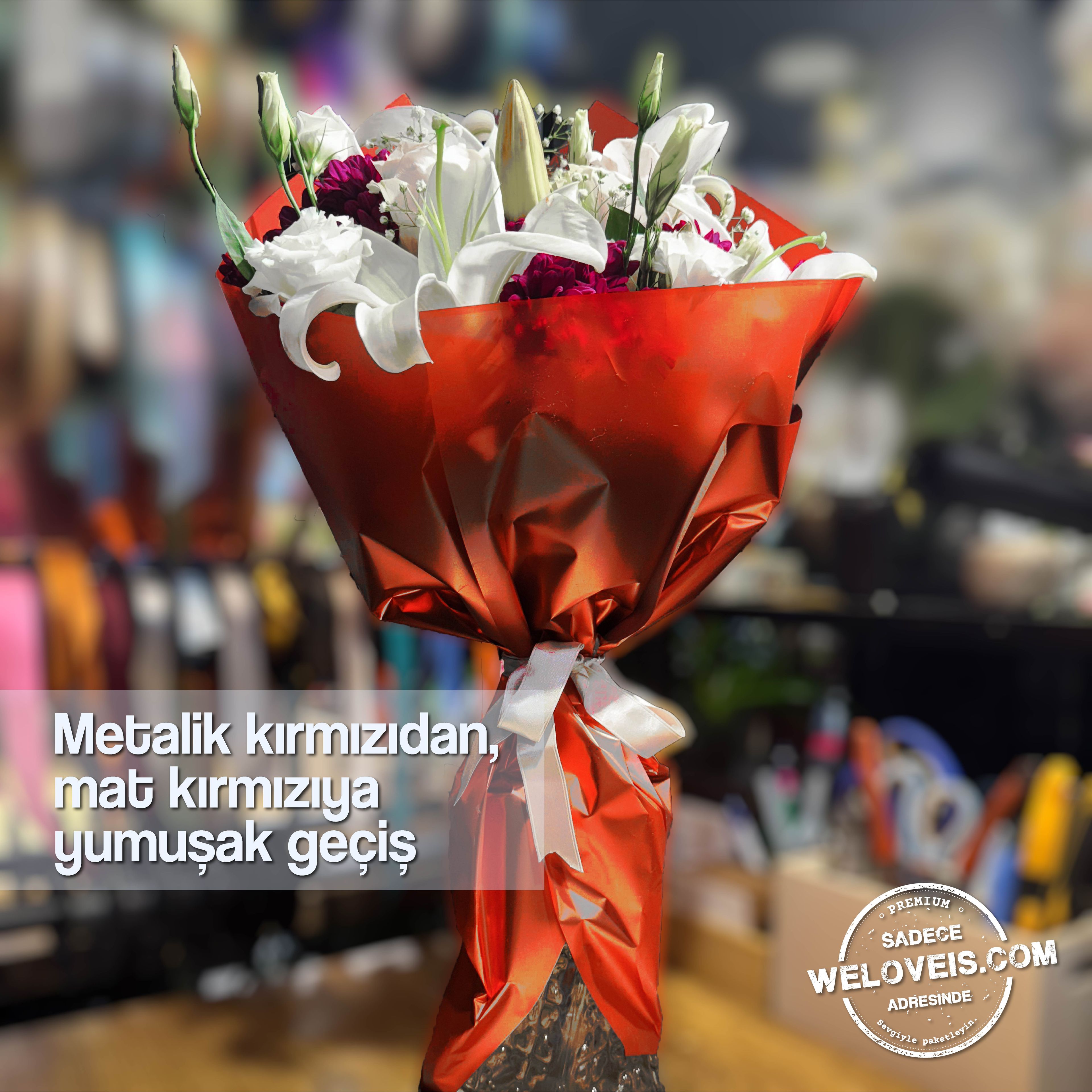 Metalik Degrade Mat Kırmızı Çiçek Buket Kağıdı-60x60cm-20 Sayfa