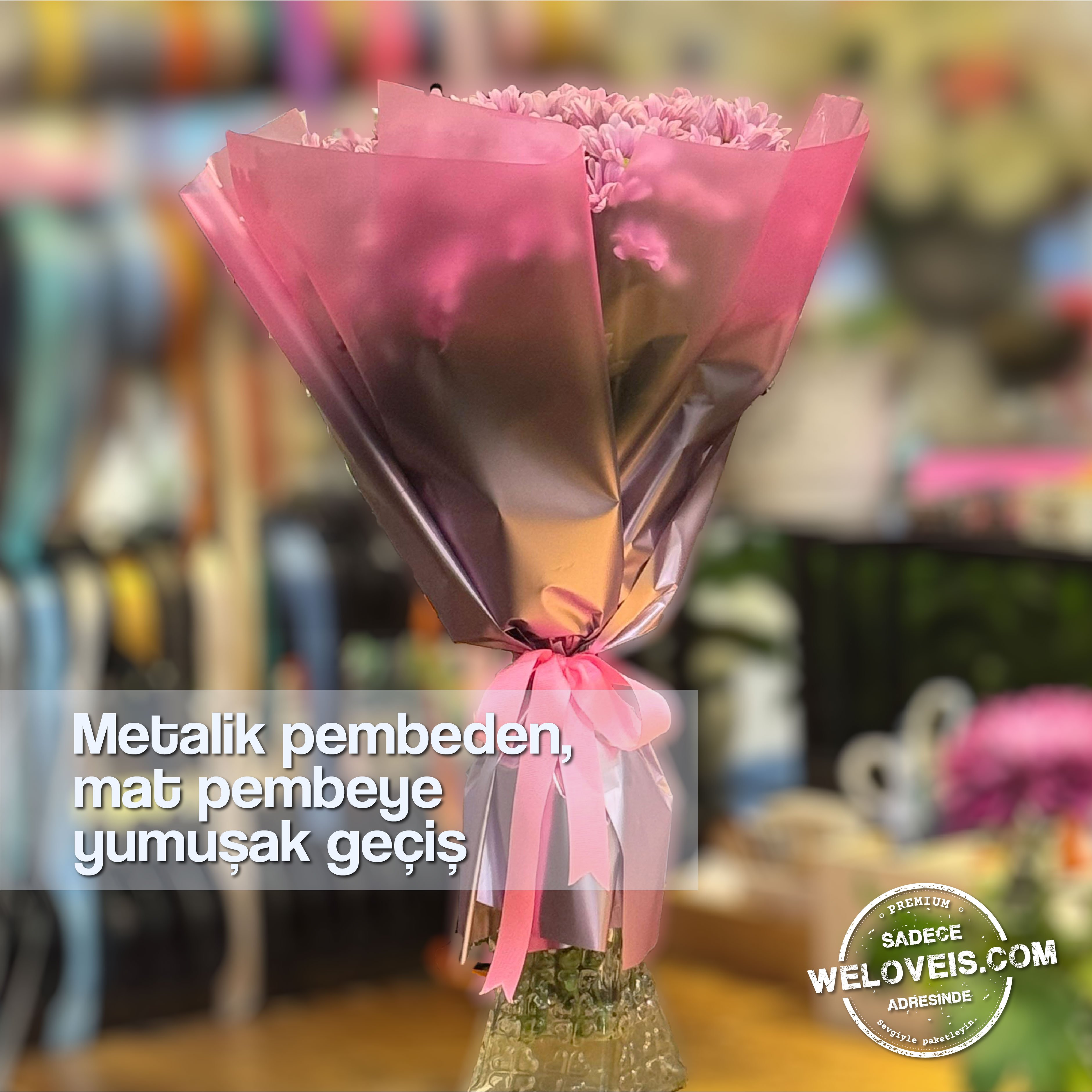 Metalik Degrade Mat Pembe Çiçek Buket Kağıdı-60x60cm-20 Sayfa