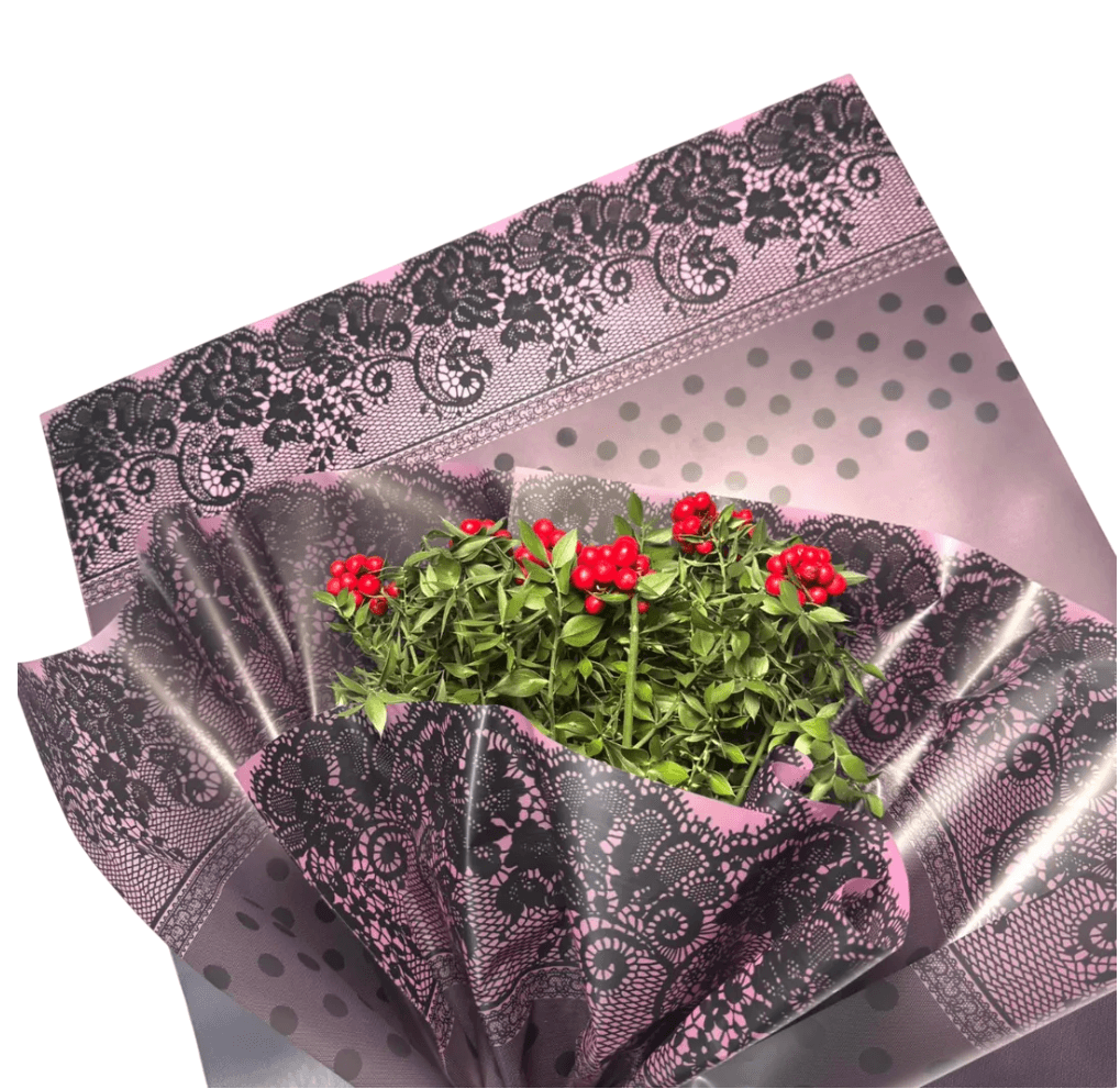 ''Dantel'' Desenli Pembe&Siyah Renkli Çiçek Buket Kağıdı-Mat Opp-55x55cm-(1 Paket-20Sayfa)
