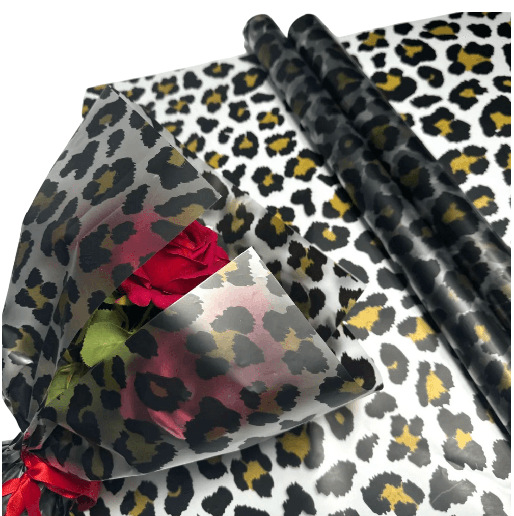 Leopar Desenli-Kahverengi&Siyah Çiçek Buketi Kağıdı Mat Opp-55x55cm-(1 Paket-20 Sayfa)