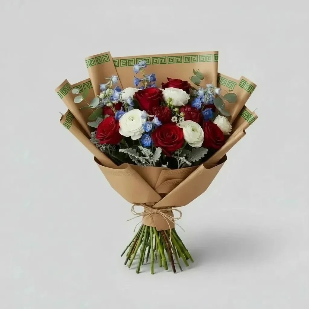 Kraft Kağıt Natural Kraft Renk - Varak Yaldız Baskılı Roma Motif Desenli Çiçek Buket Kağıdı-57x57 cm-15 Sayfa