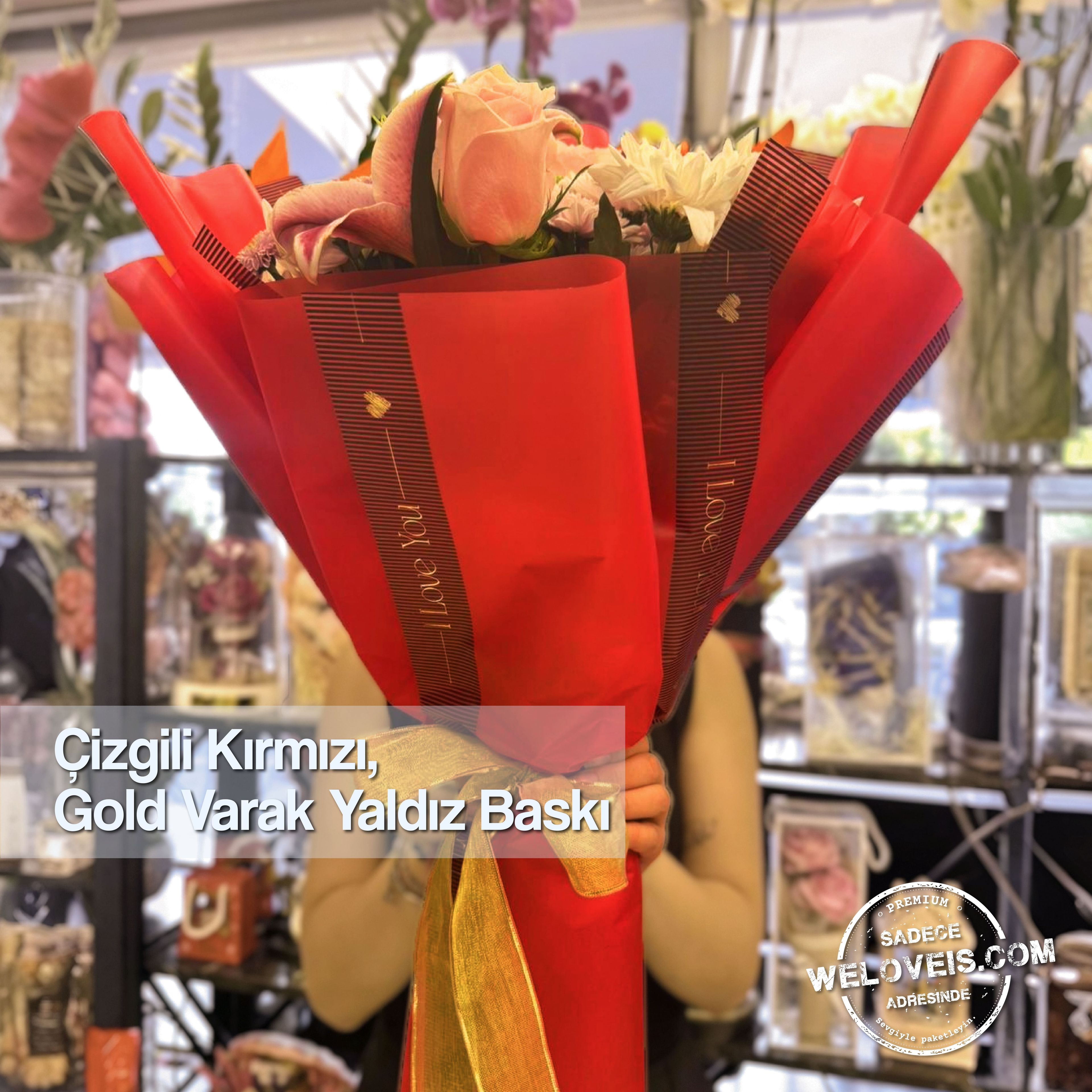Mat Opp Çizgili Gold Varak Yaldız Baskılı I Love You Yazı Desenli Çiçek Buket Kağıdı-55x55 cm-15 Sayfa