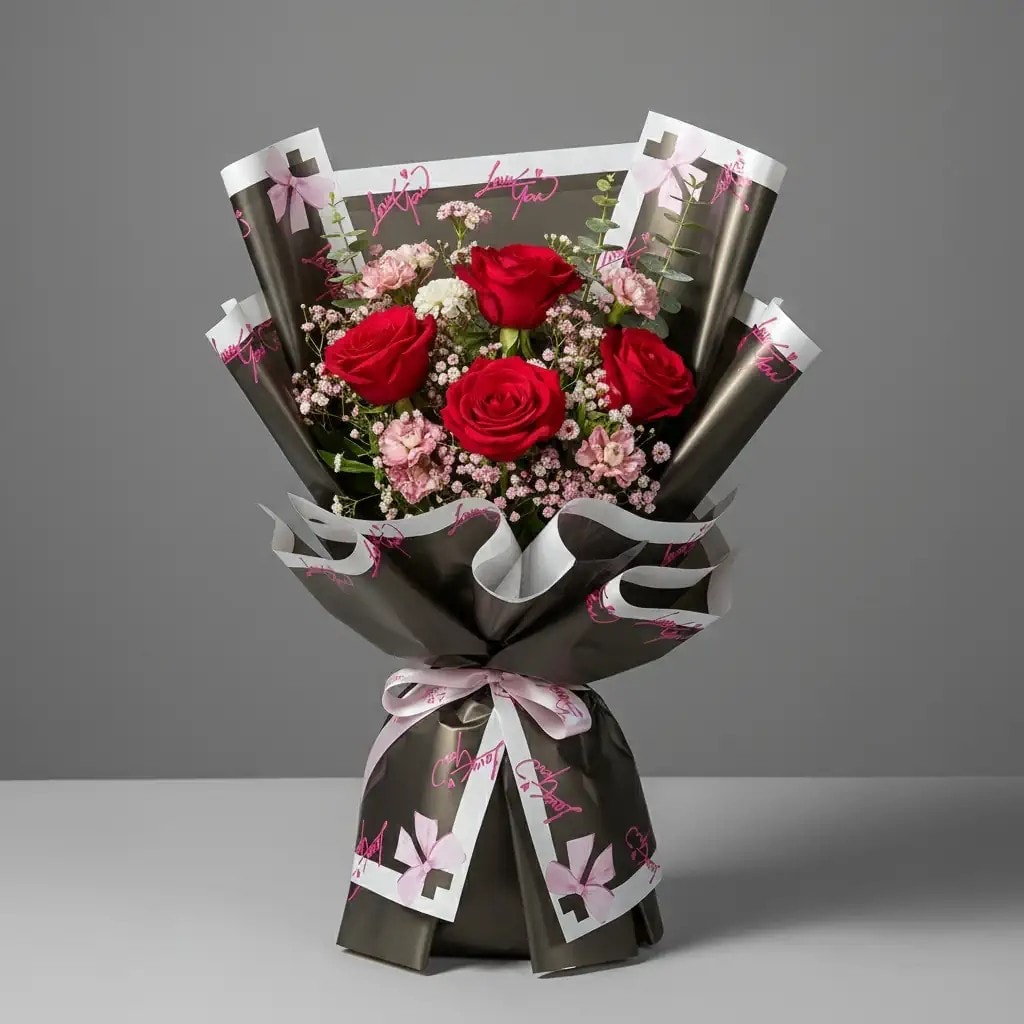 Love You Kurdele Tasarımlı-Çiçek Buket Kağıdı-Sedef-55x55cm-10Sayfa