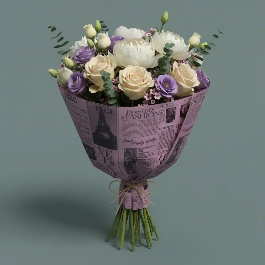 Gazete Tasarımlı Pembe Renk Çiçek Buket Kağıdı-Mat Opp-55x55cm-20Sayfa