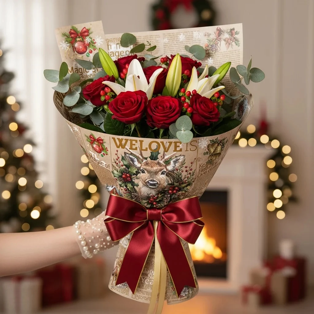 Geyikli Tasarımlı Yılbaşı Çiçek Buket Kağıdı - 55x55cm - 20 Sayfa