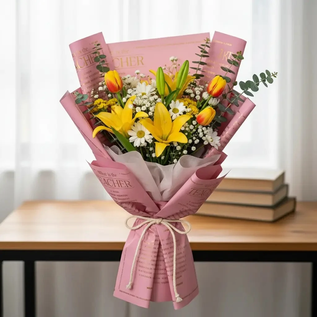 Öğretmenler Gününe Özel Çiçek Buket kağıdı Pembe Zemin 55x55cm-20Sayfa