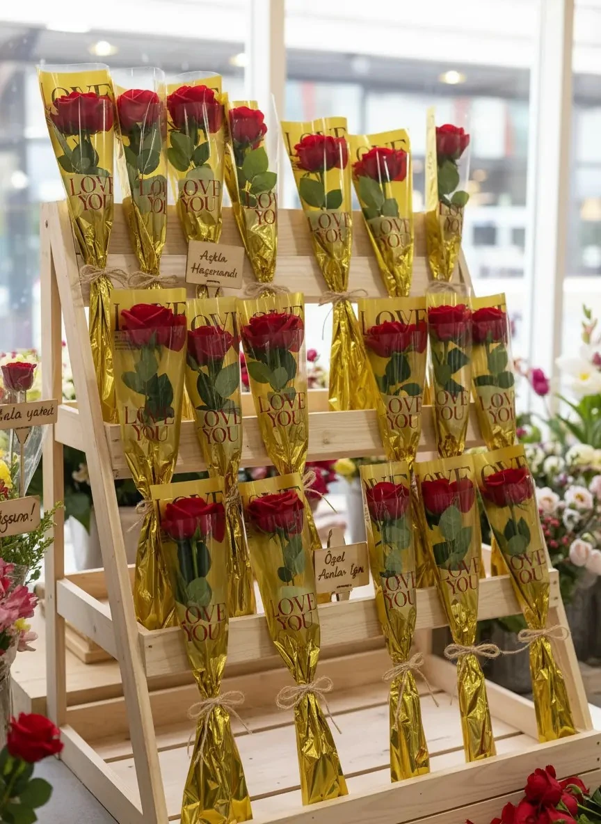 Tekli Çiçek Buket Ambalajı - Gold Arka Plan - 100 Adet 