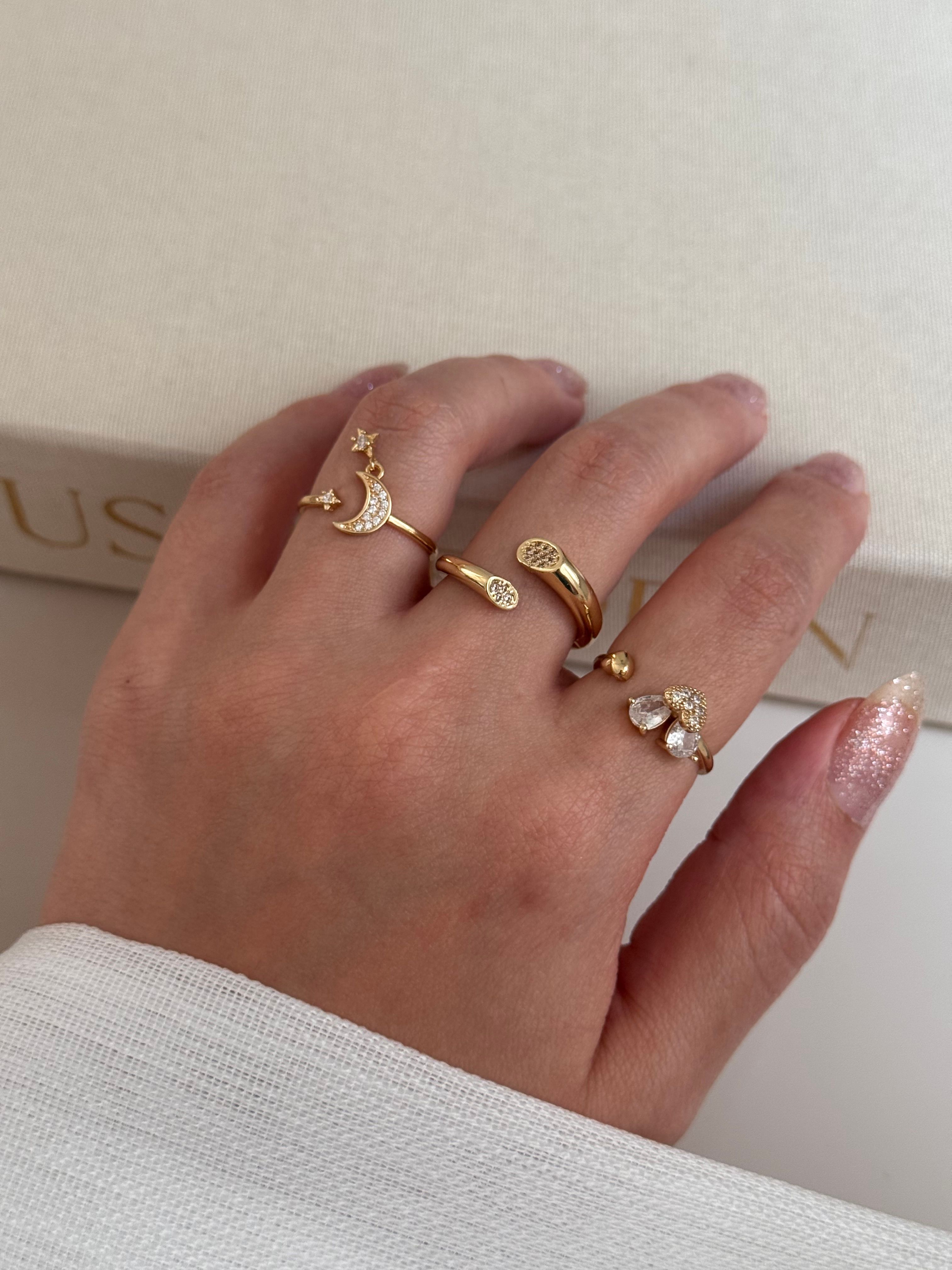 3’lü Ayarlanabilir Gold Yüzük Seti – Ay Yıldız, Damla Taş ve Minimal Figürlü