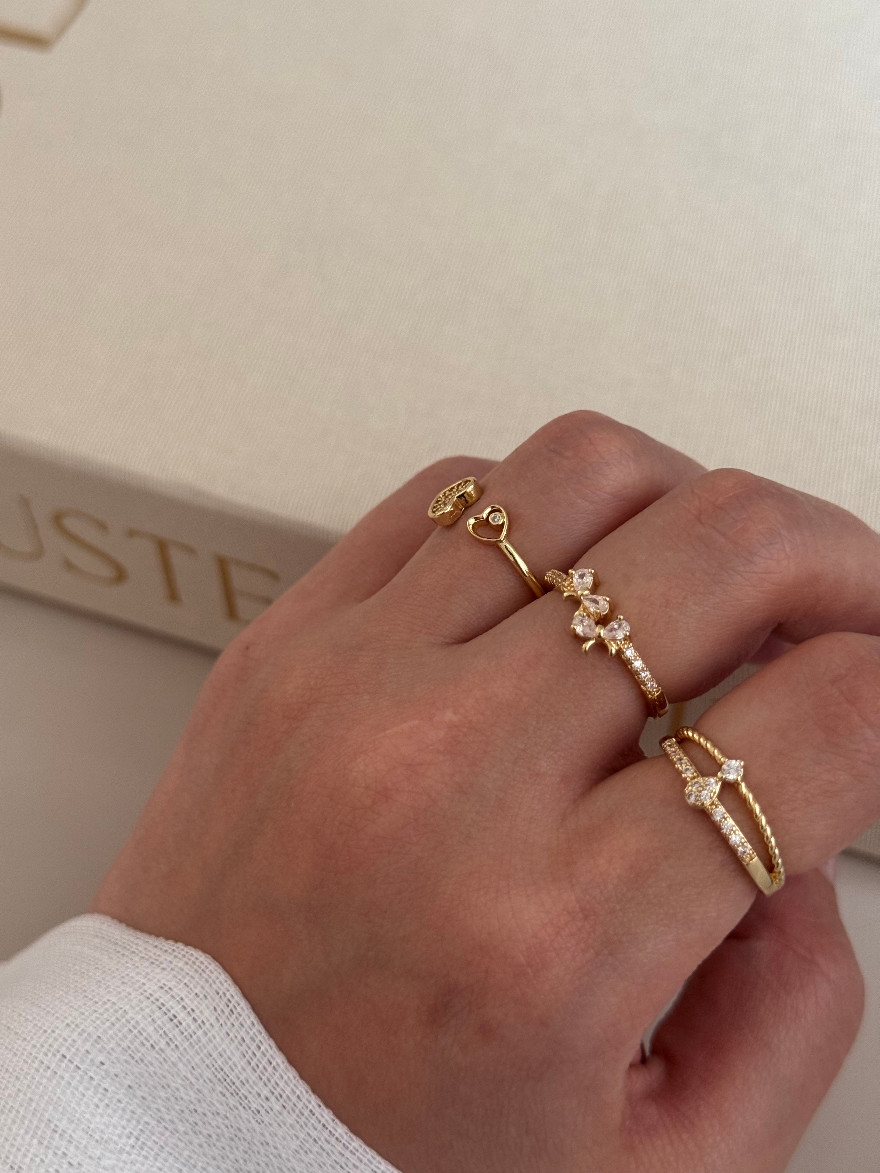 3’lü Ayarlanabilir Gold Yüzük Seti – Kalp ve Taş Detaylı