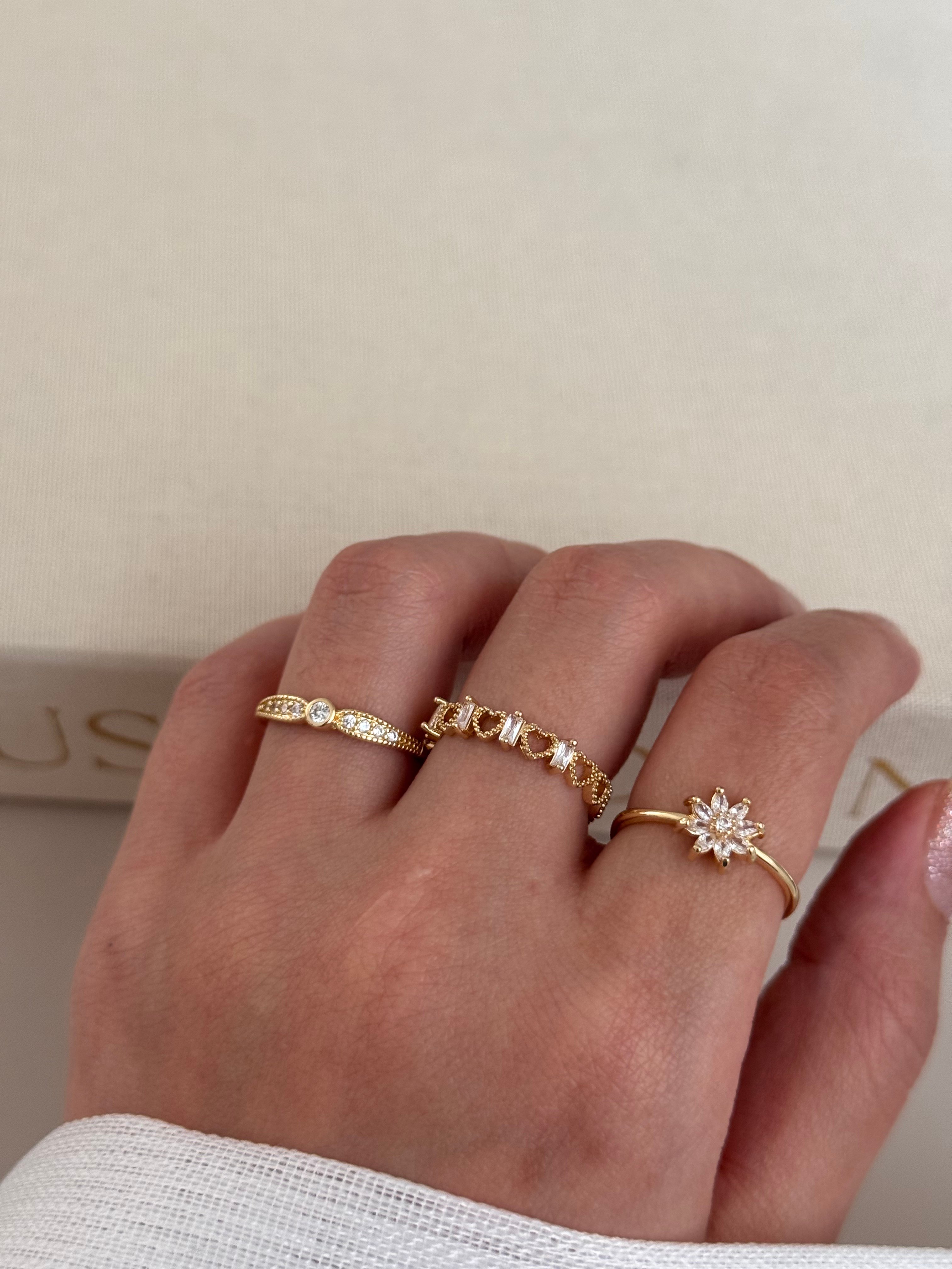 3’lü Ayarlanabilir Gold Taşlı Yüzük Seti – Kalp, Damla ve Çiçek Motifli