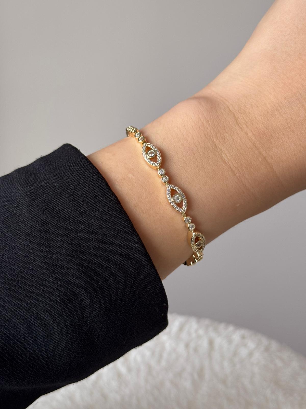 Altın Renk Taşlı Nazar Boncuğu Motifli Çelik Bileklik