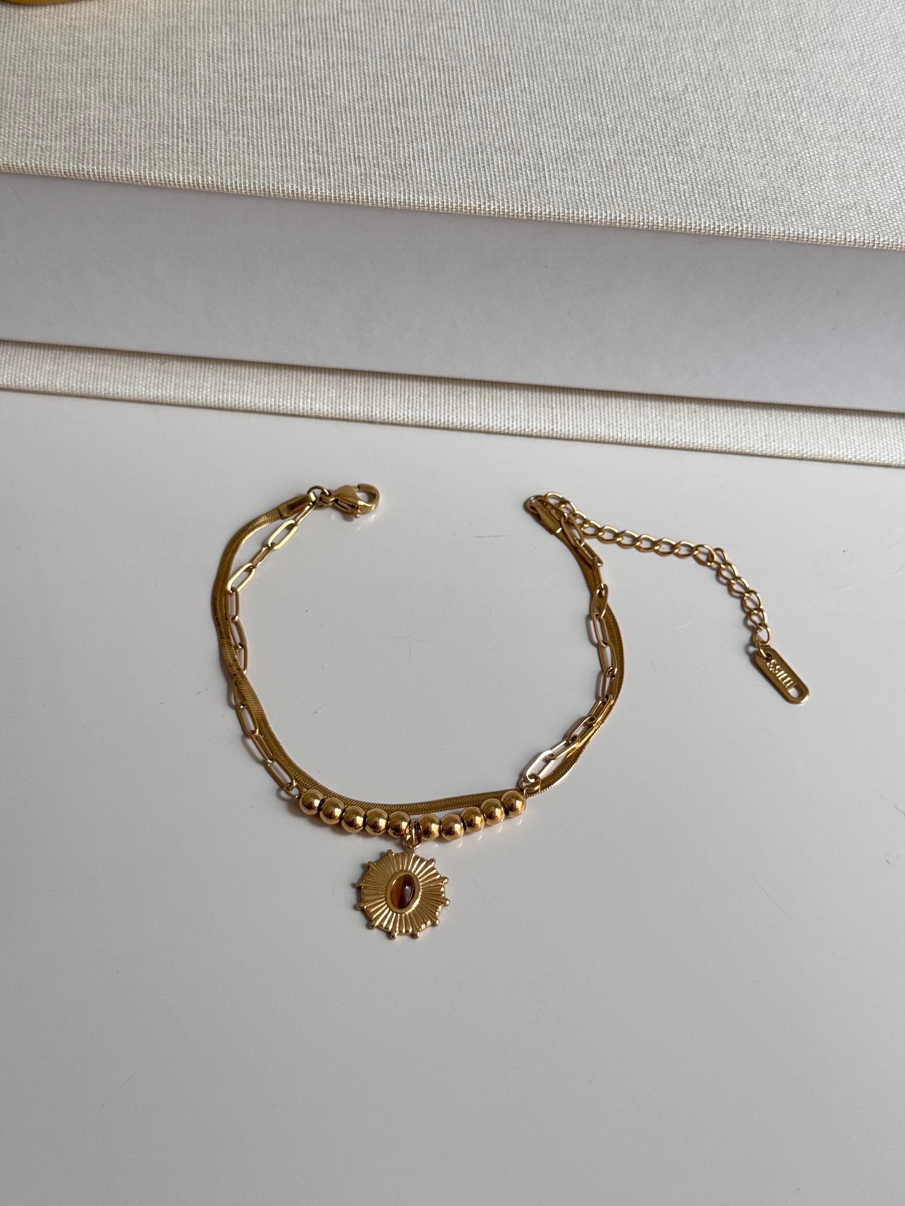 Altın Kaplama Güneş Figürlü Çift Zincirli Kadın Çelik Bileklik