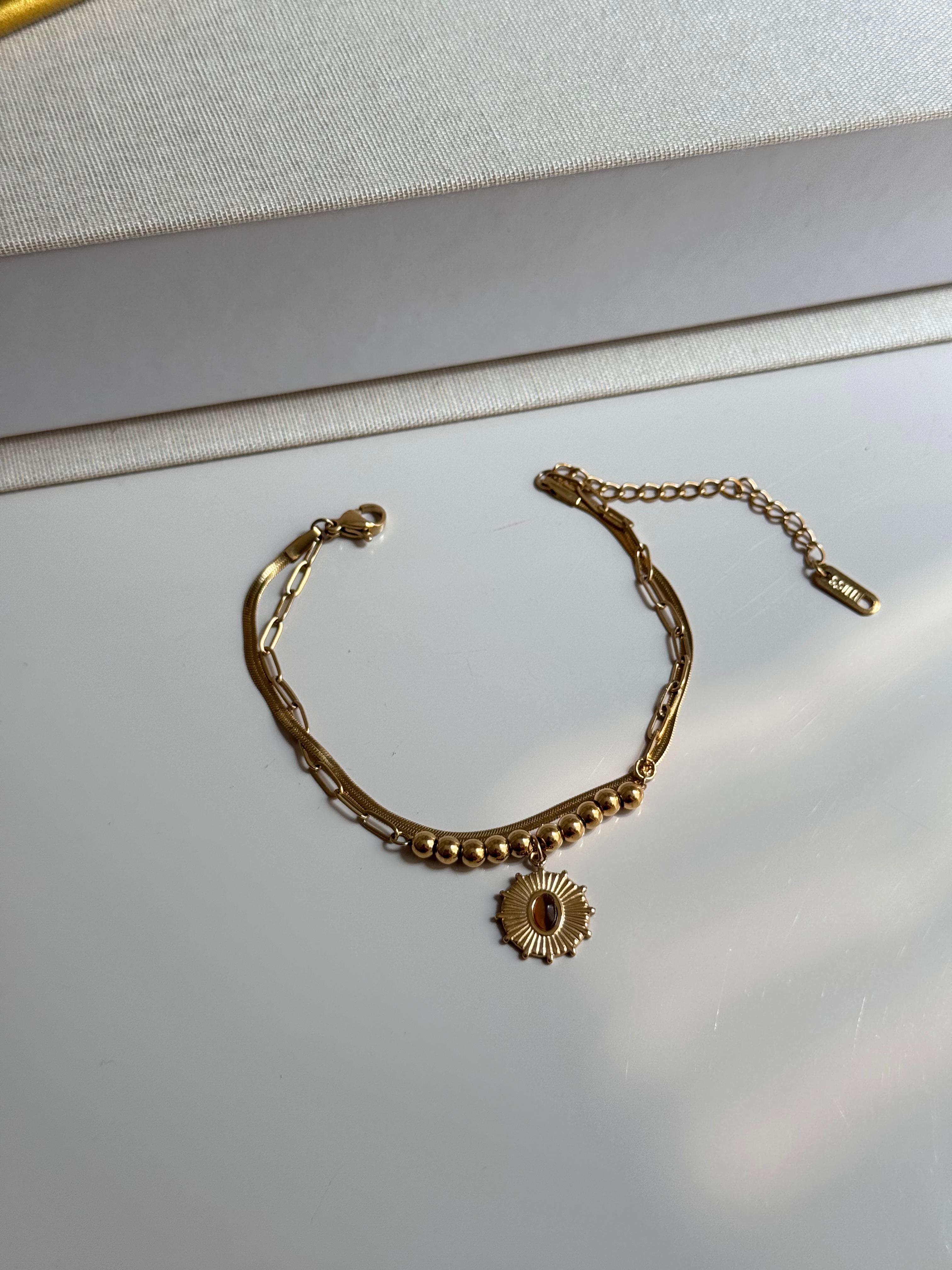 Altın Kaplama Güneş Figürlü Çift Zincirli Kadın Çelik Bileklik