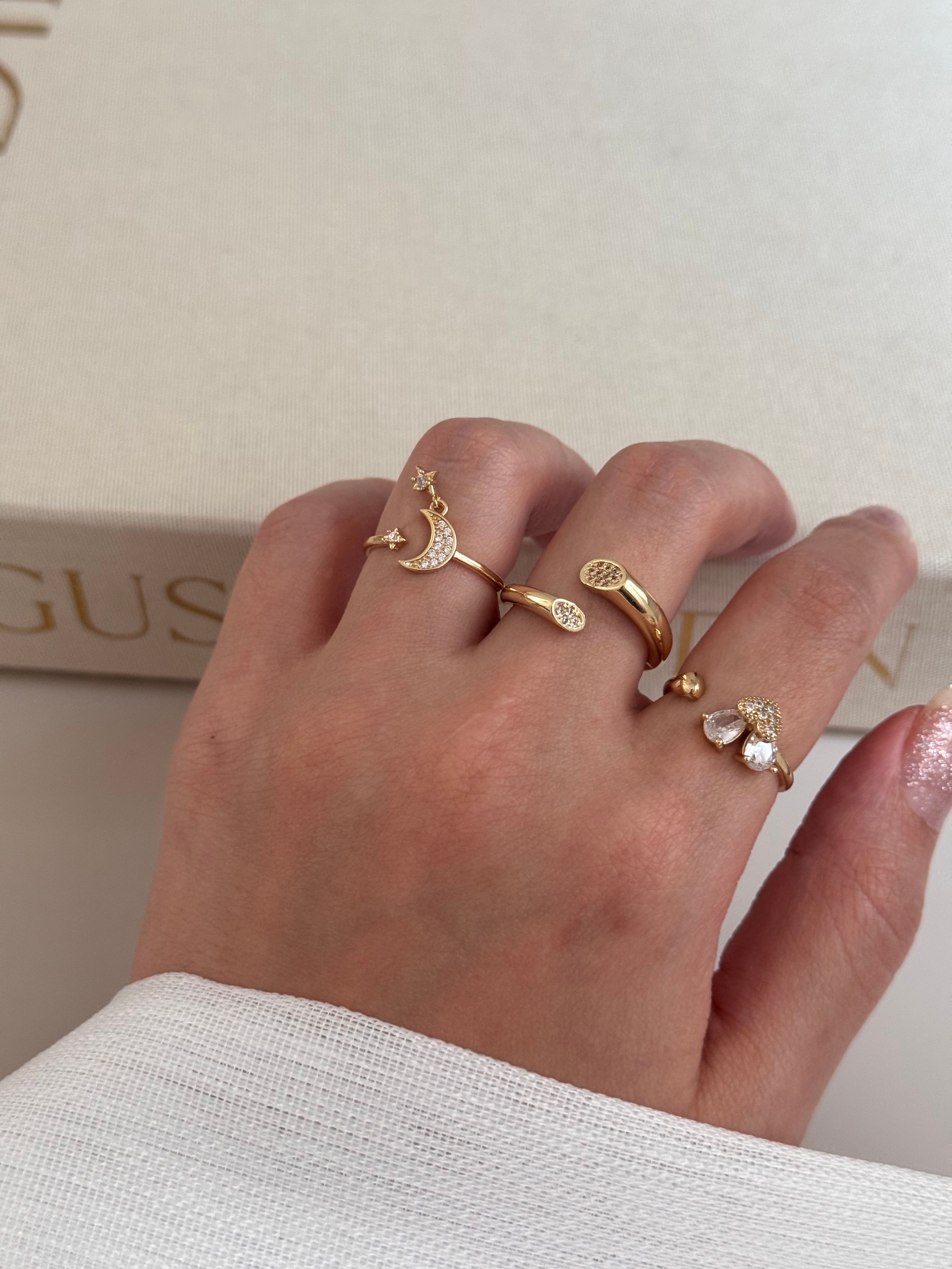 3’lü Ayarlanabilir Gold Yüzük Seti – Ay Yıldız, Damla Taş ve Minimal Figürlü