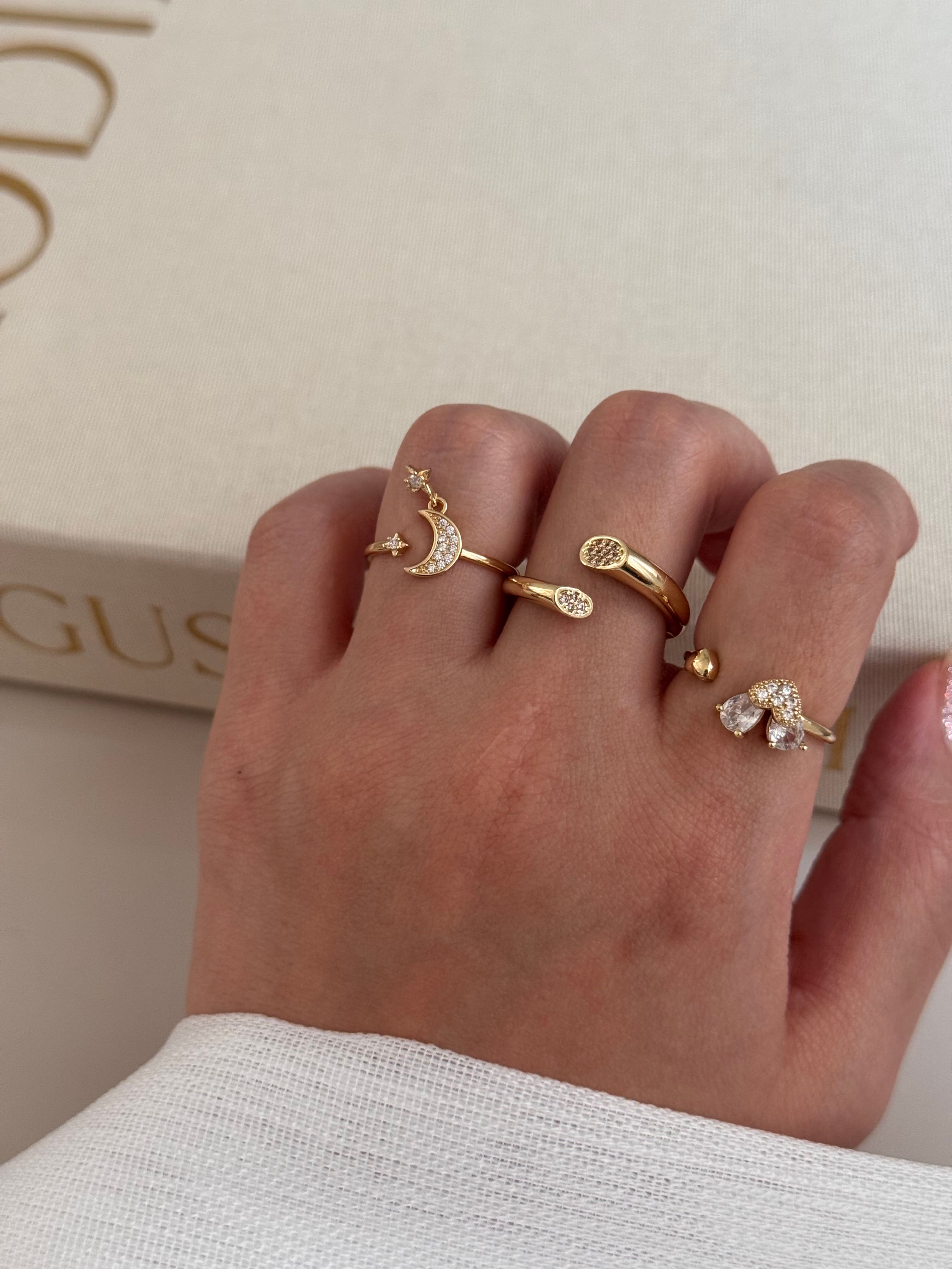 3’lü Ayarlanabilir Gold Yüzük Seti – Ay Yıldız, Damla Taş ve Minimal Figürlü