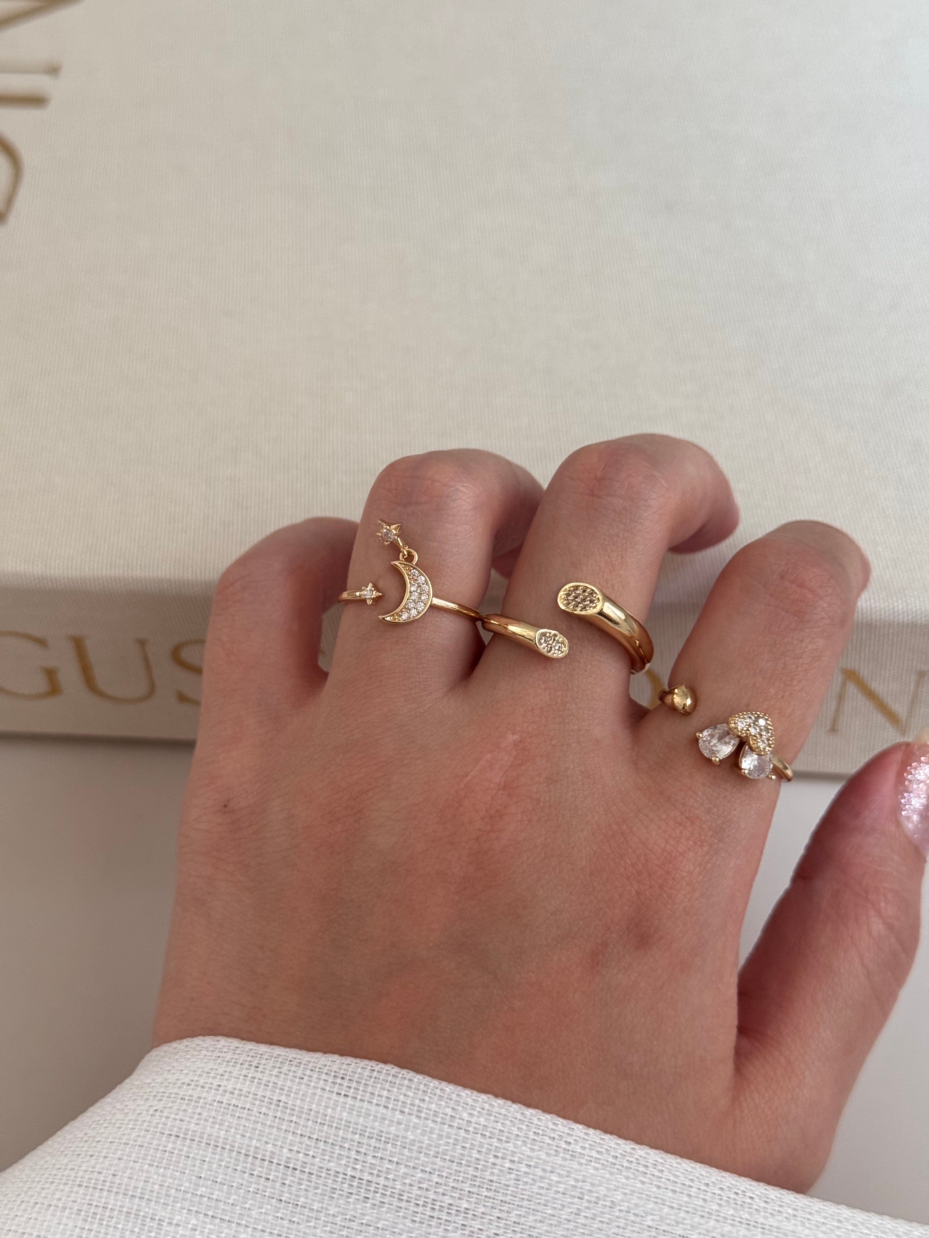 3’lü Ayarlanabilir Gold Yüzük Seti – Ay Yıldız, Damla Taş ve Minimal Figürlü