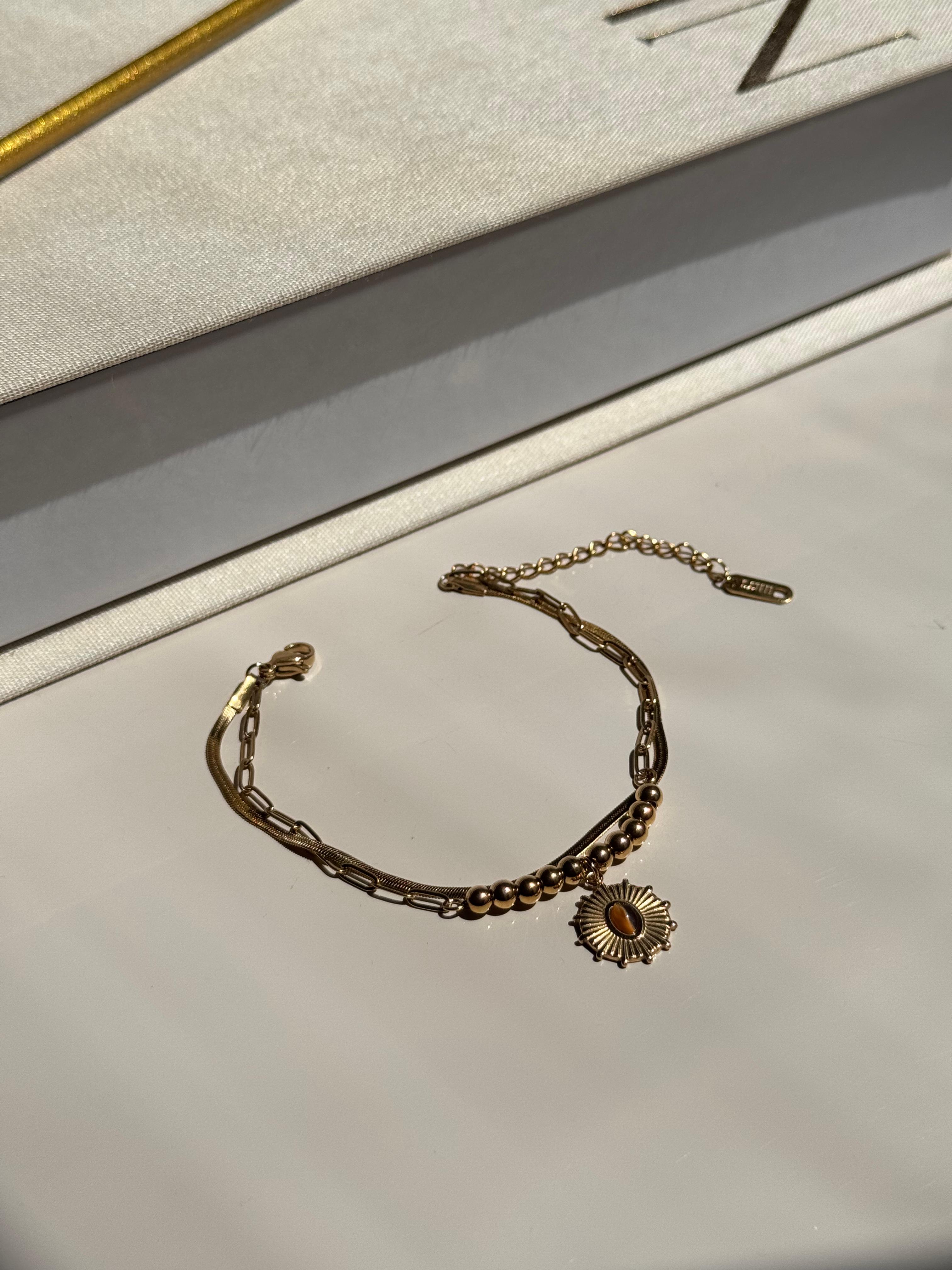 Altın Kaplama Güneş Figürlü Çift Zincirli Kadın Çelik Bileklik