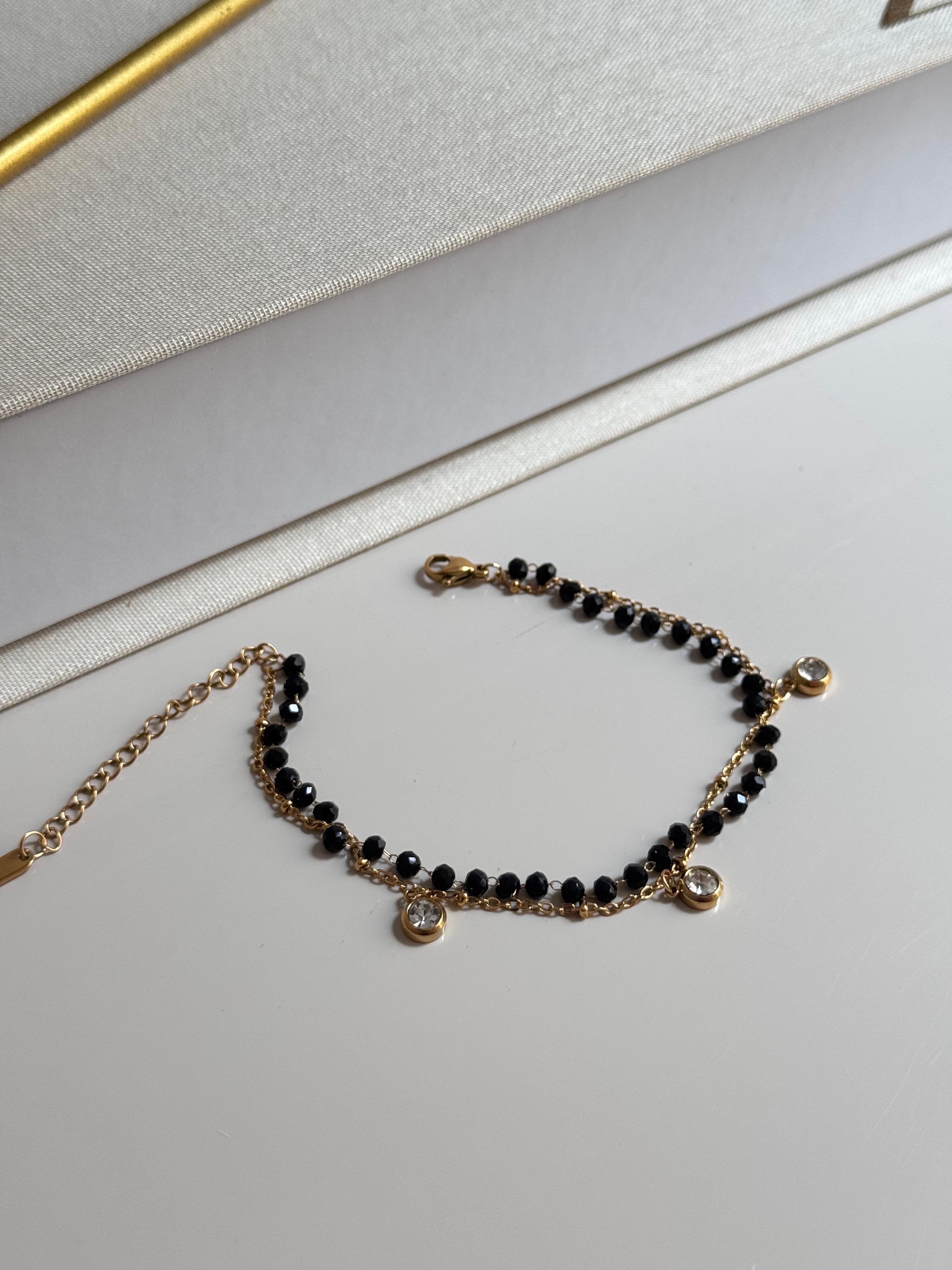 Gold Dangling Black Bead Bracelet