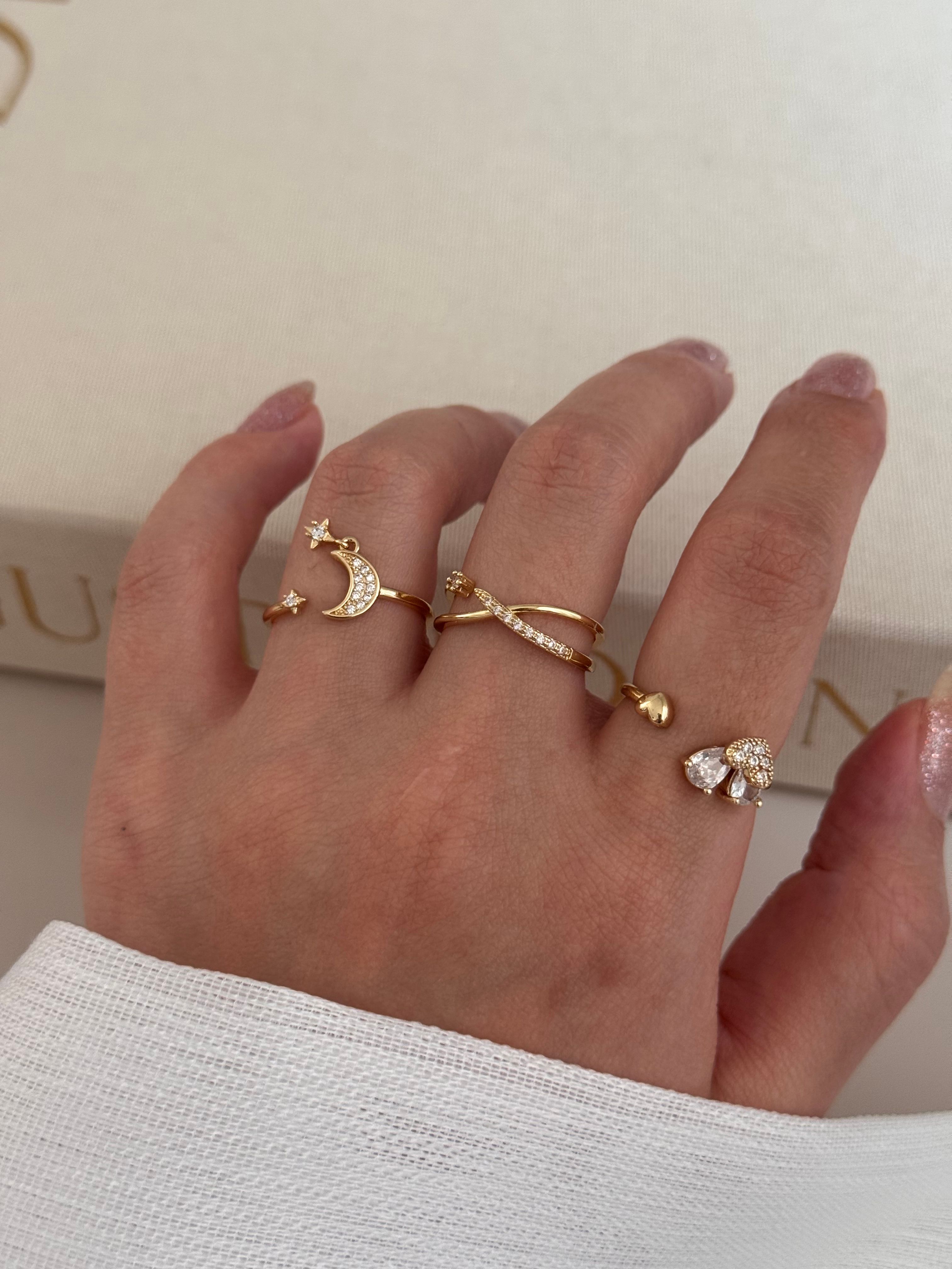 3’lü Ayarlanabilir Gold Yüzük Seti – Ay Yıldız, Minimal Kalp ve Damla Taşlı