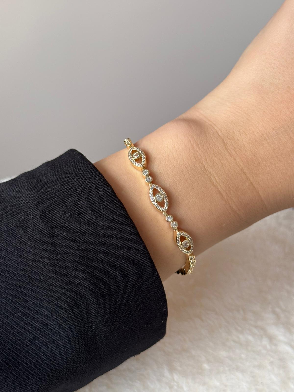 Altın Renk Taşlı Nazar Boncuğu Motifli Çelik Bileklik