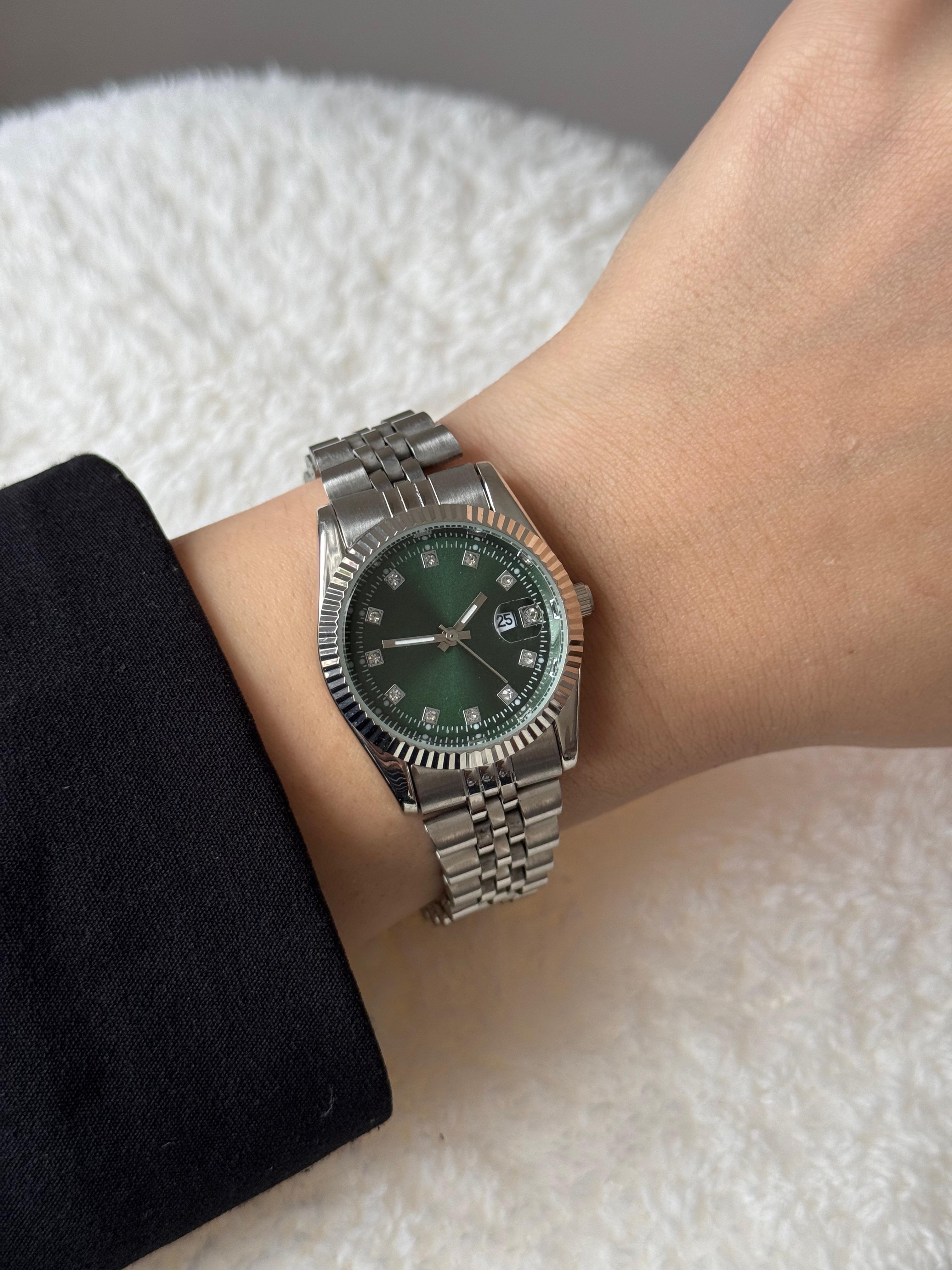 Silver Green Dial Watch