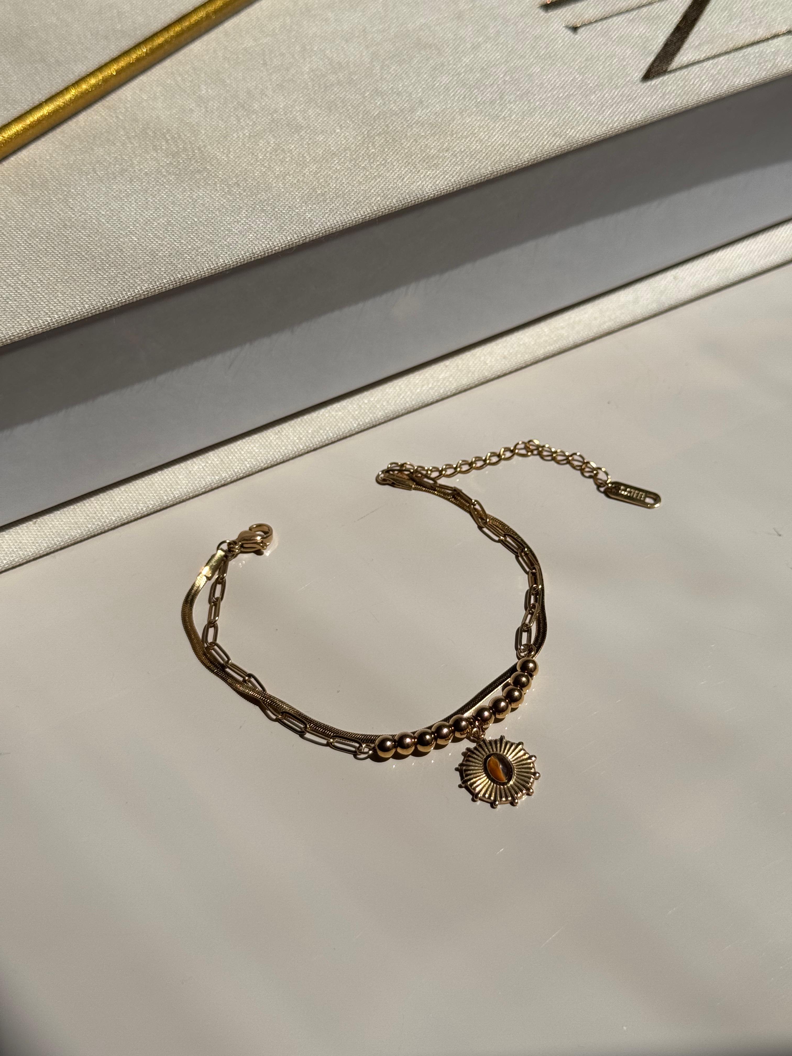 Altın Kaplama Güneş Figürlü Çift Zincirli Kadın Çelik Bileklik